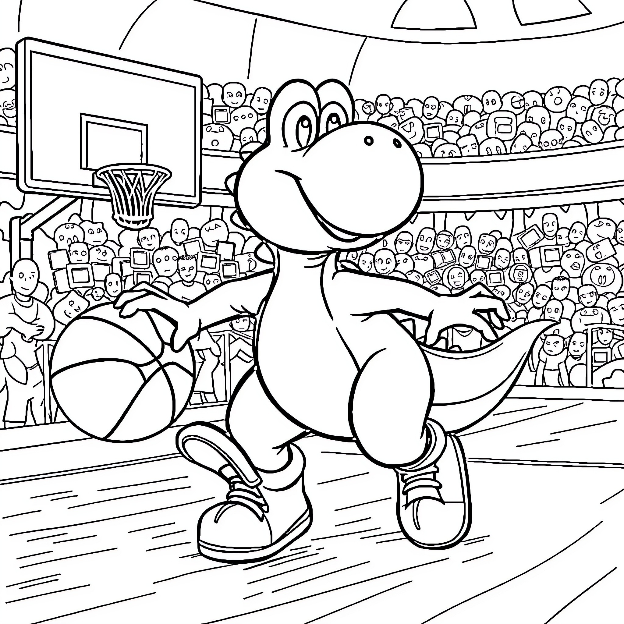 Yoshi's Basketball Adventure in the Arena Coloring Page (free black-and-white line drawing printable PDF for all, from beginners to advanced learners, including children, teens, adults, and seniors)