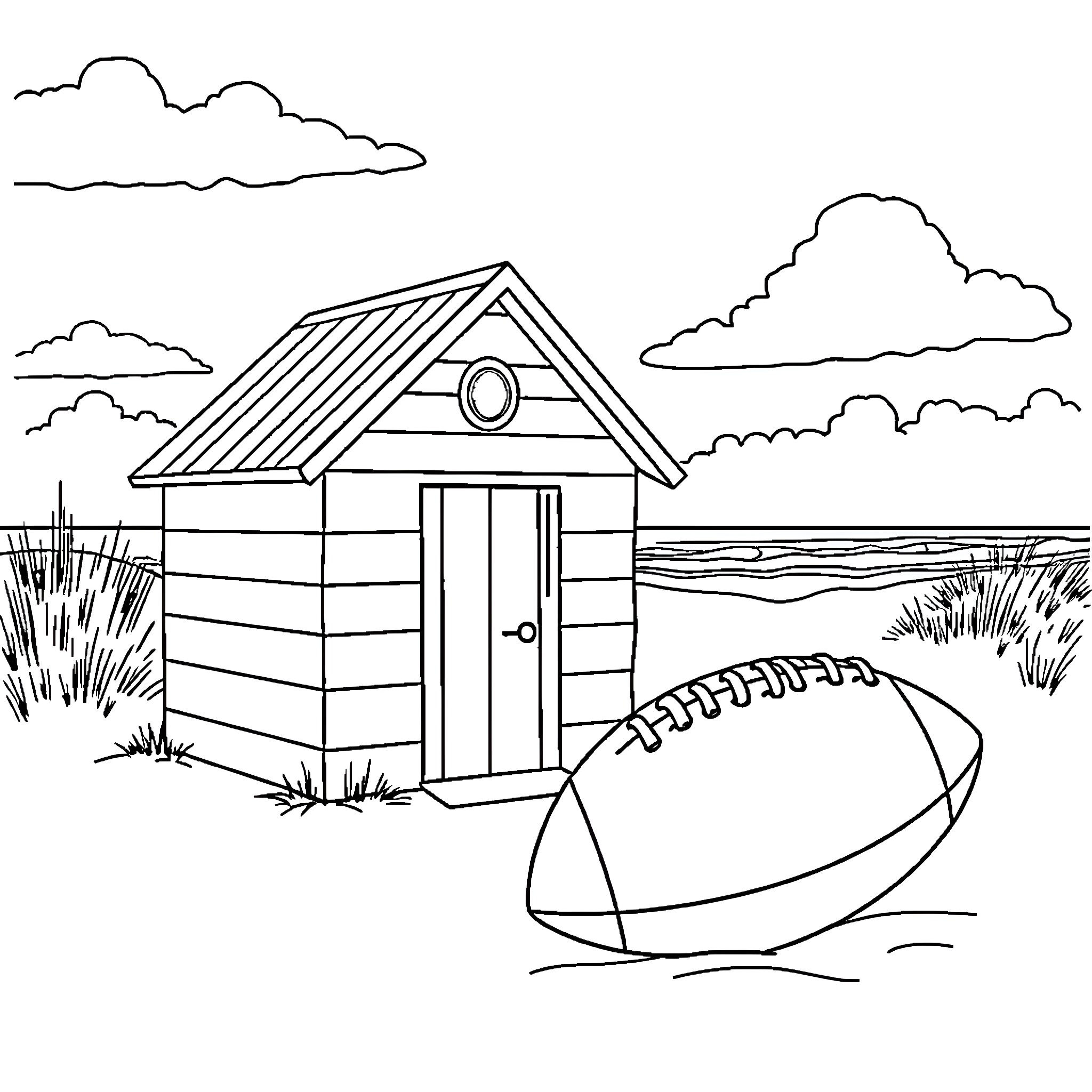 House with Football by the Beach Coloring Page (free black-and-white line drawing printable PDF for all, from beginners to advanced learners, including children, teens, adults, and seniors)