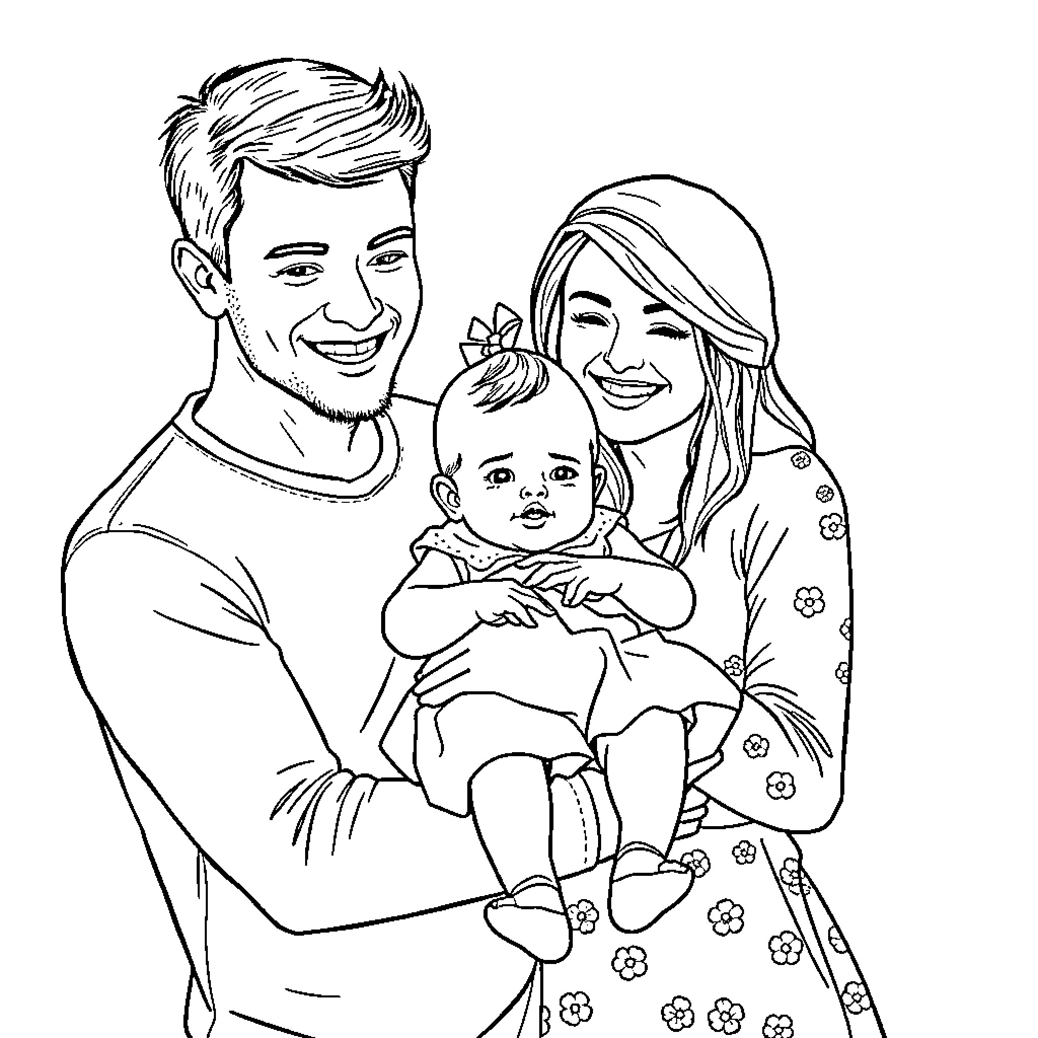 Family enjoying a tender moment together Coloring Page (free black-and-white line drawing printable PDF for all, from beginners to advanced learners, including children, teens, adults, and seniors)