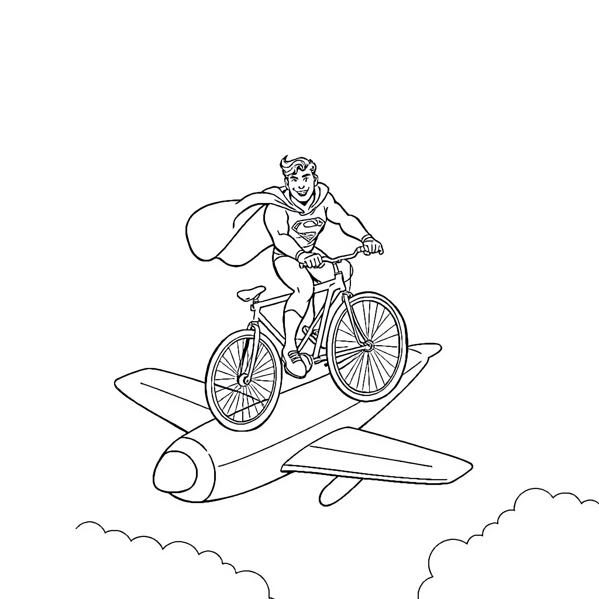 Superman soaring on a bicycle above the clouds Coloring Page (free black-and-white line drawing printable PDF for all, from beginners to advanced learners, including children, teens, adults, and seniors)