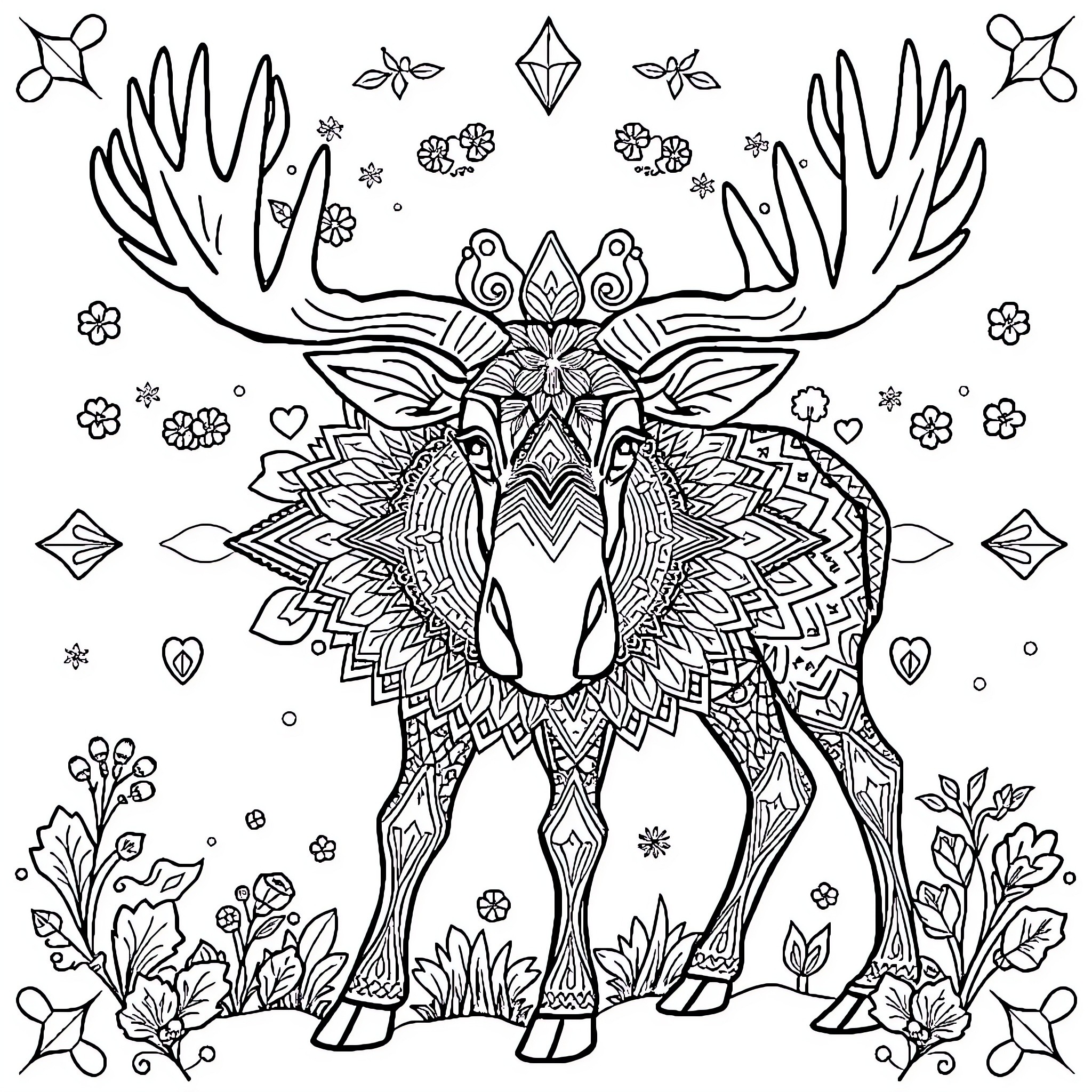 Moose in a Whimsical Floral Wonderland Coloring Page (free black-and-white line drawing printable PDF for all, from beginners to advanced learners, including children, teens, adults, and seniors)