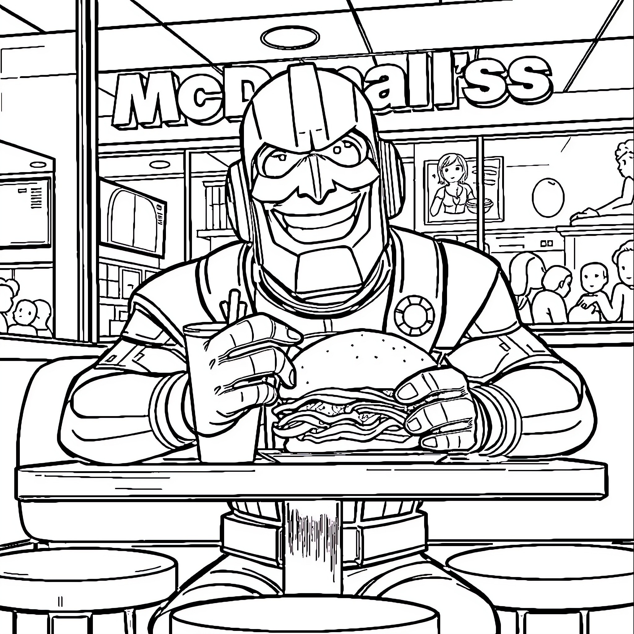 Titan Dining Joyfully at McDinalls Diner Coloring Page (free black-and-white line drawing printable PDF for all, from beginners to advanced learners, including children, teens, adults, and seniors)