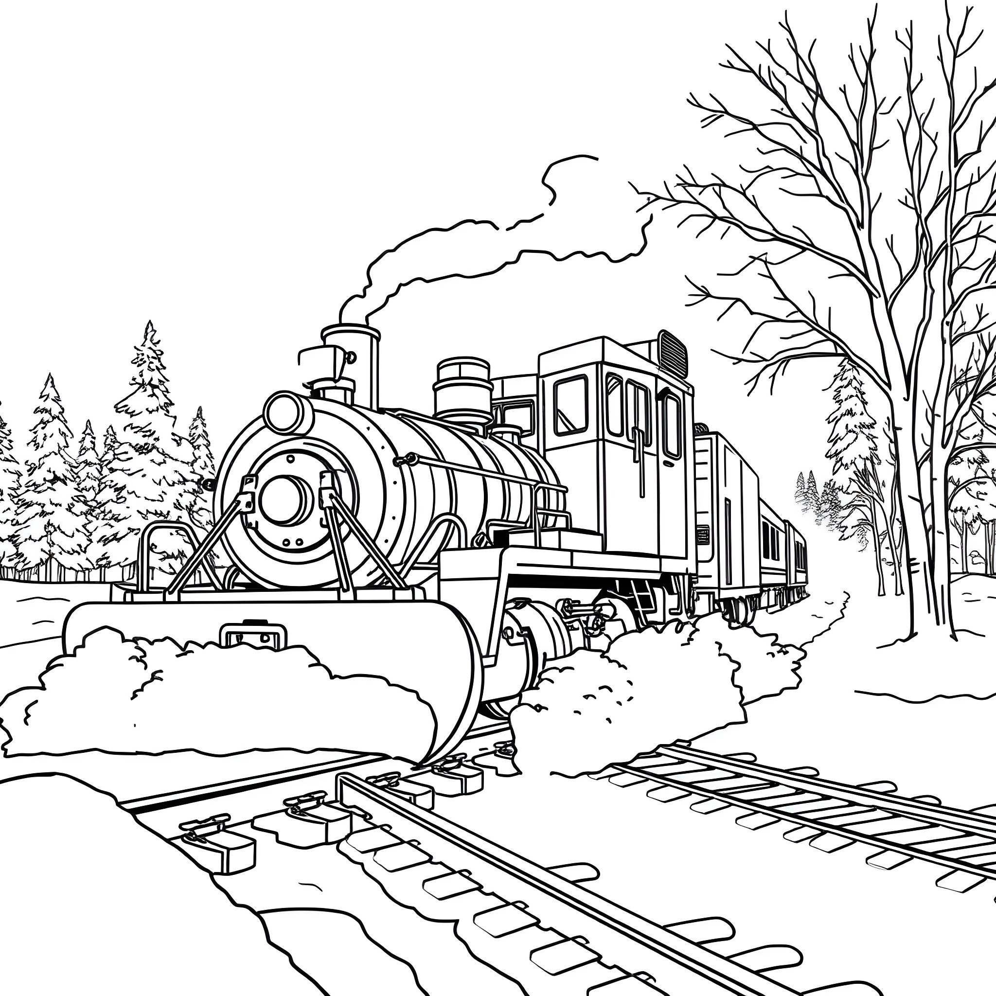Rotary Snowplow clearing railway tracks in snowy winter landscape Coloring Page (free black-and-white line drawing printable PDF for all, from beginners to advanced learners, including children, teens, adults, and seniors)