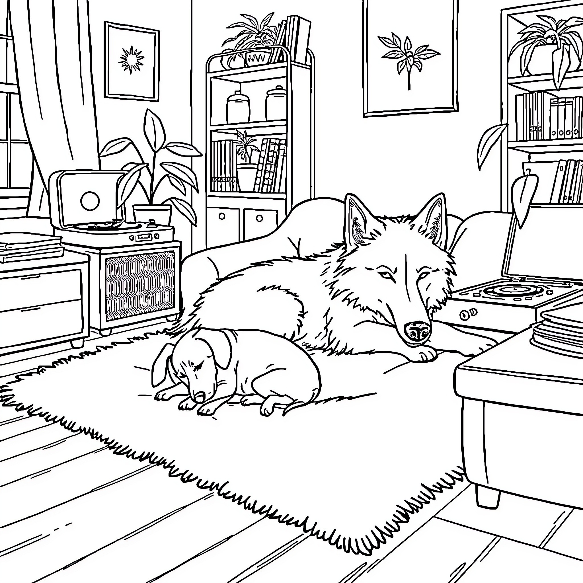 Dachshund napping peacefully in cozy home interior Coloring Page (free black-and-white line drawing printable PDF for all, from beginners to advanced learners, including children, teens, adults, and seniors)