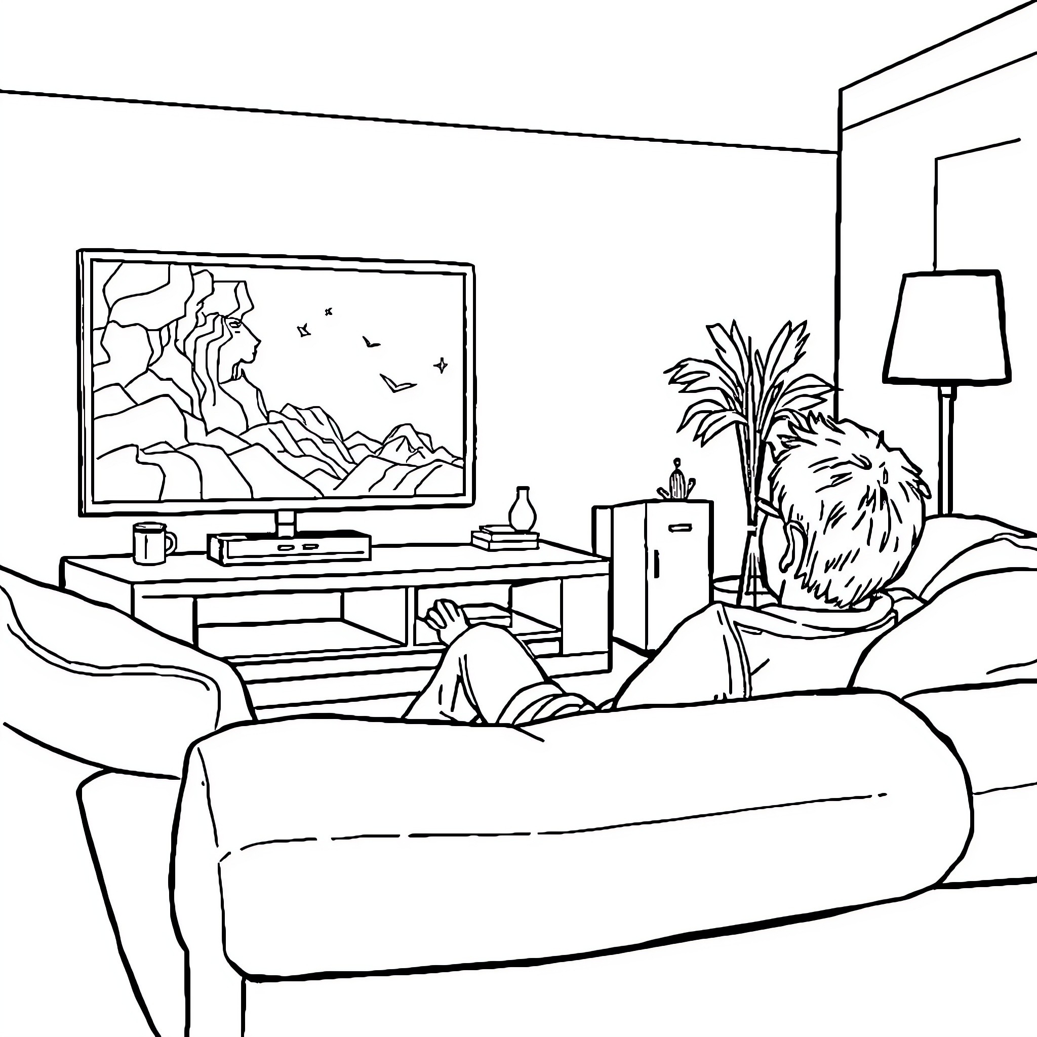 TV Viewing in Cozy Living Room Coloring Page (free black-and-white line drawing printable PDF for all, from beginners to advanced learners, including children, teens, adults, and seniors)
