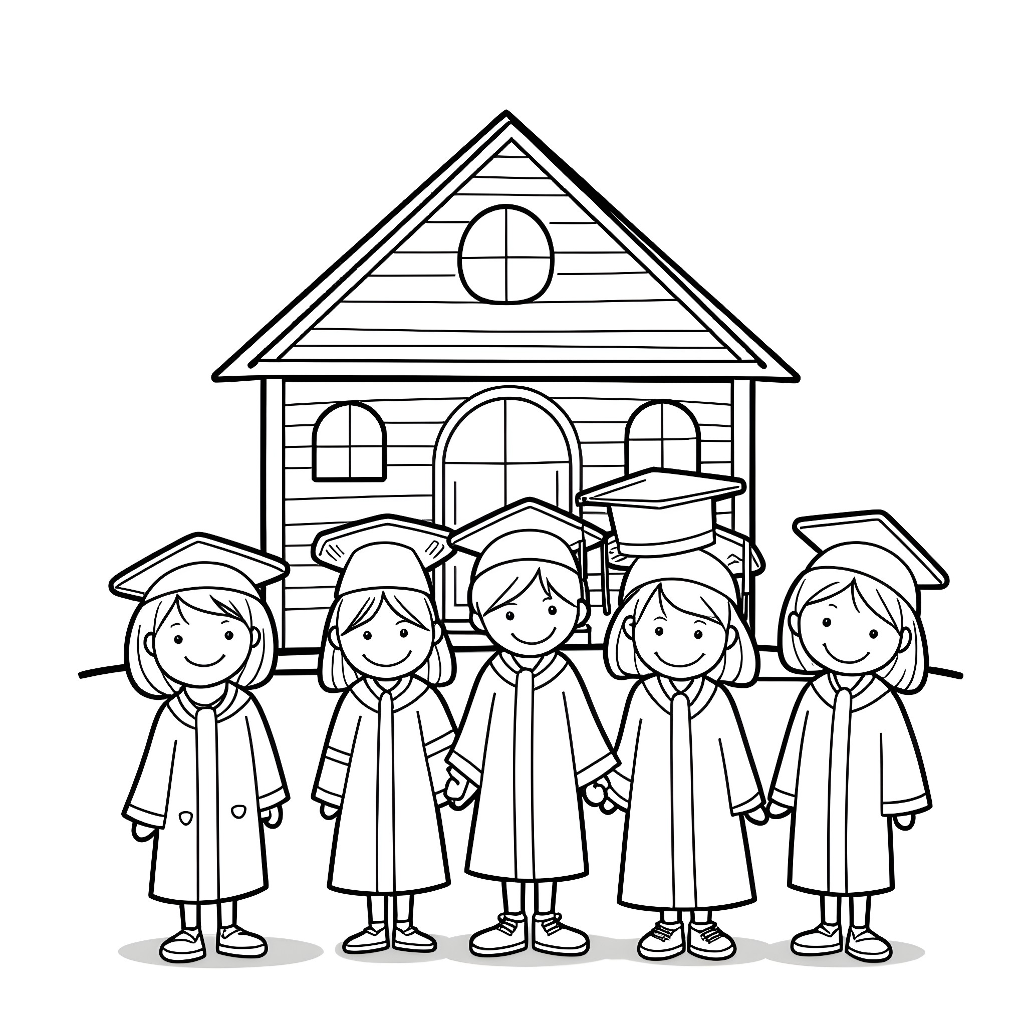Kid graduates celebrate in front of school Coloring Page (free black-and-white line drawing printable PDF for all, from beginners to advanced learners, including children, teens, adults, and seniors)