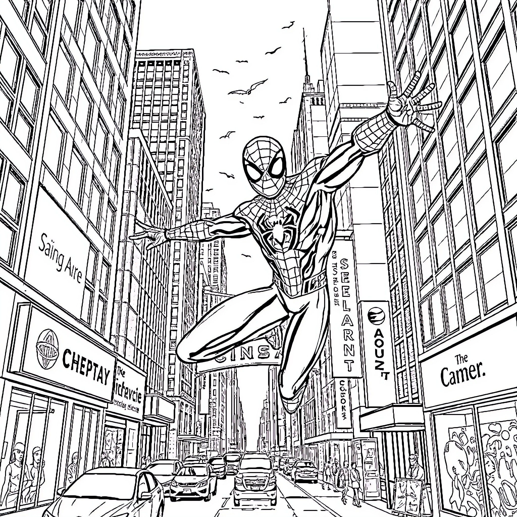 Spiderman swinging through the city streets Coloring Page (free black-and-white line drawing printable PDF for all, from beginners to advanced learners, including children, teens, adults, and seniors)