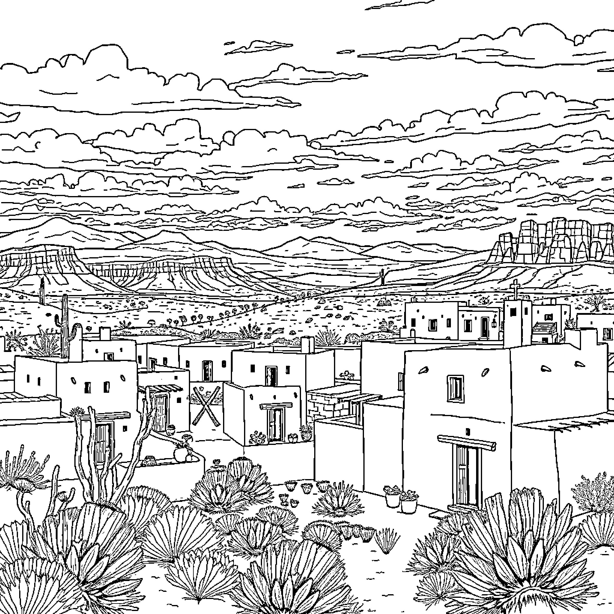 Pueblo Landscape with Desert Dwellings and Mountainous Terrain Coloring Page (free black-and-white line drawing printable PDF for all, from beginners to advanced learners, including children, teens, adults, and seniors)