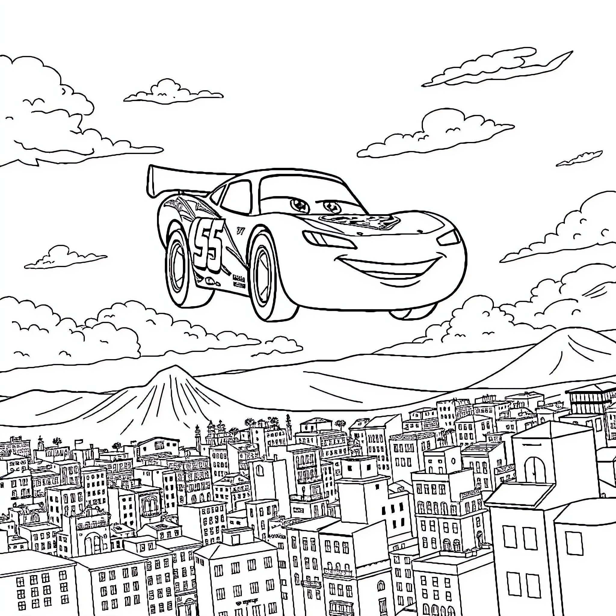 Lightning McQueen's Speedy Adventure in the City Coloring Page (free black-and-white line drawing printable PDF for all, from beginners to advanced learners, including children, teens, adults, and seniors)