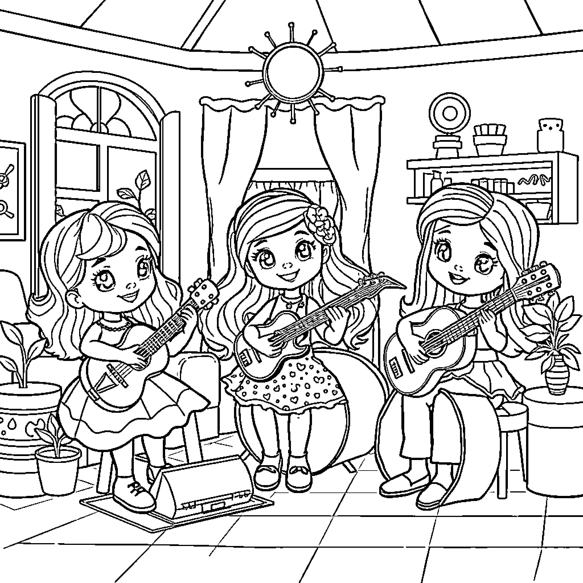 Gabby Dollhouse: Girls Playing Music Together Coloring Page (free black-and-white line drawing printable PDF for all, from beginners to advanced learners, including children, teens, adults, and seniors)