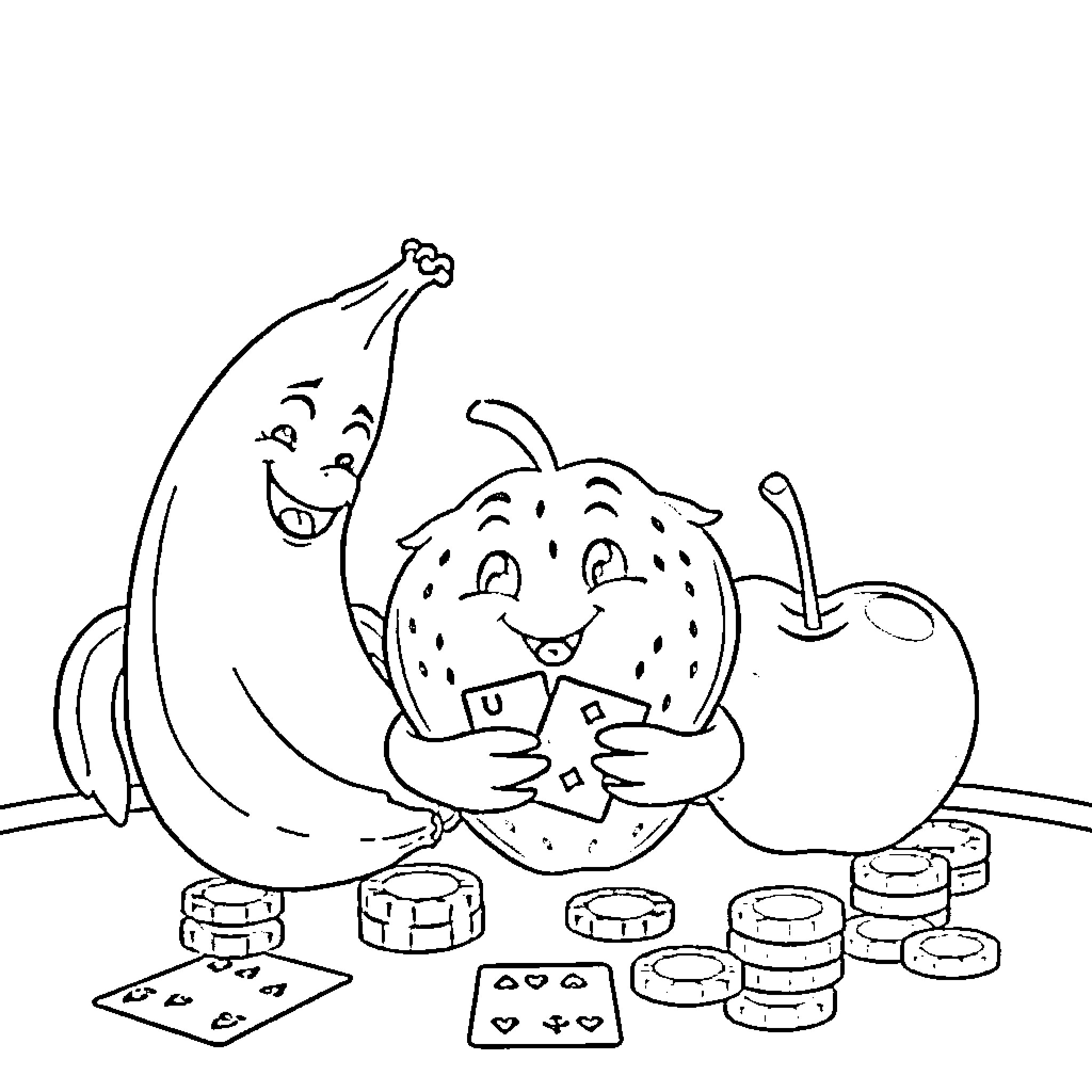 Strawberry and Banana Playing Card Games Coloring Page (free black-and-white line drawing printable PDF for all, from beginners to advanced learners, including children, teens, adults, and seniors)