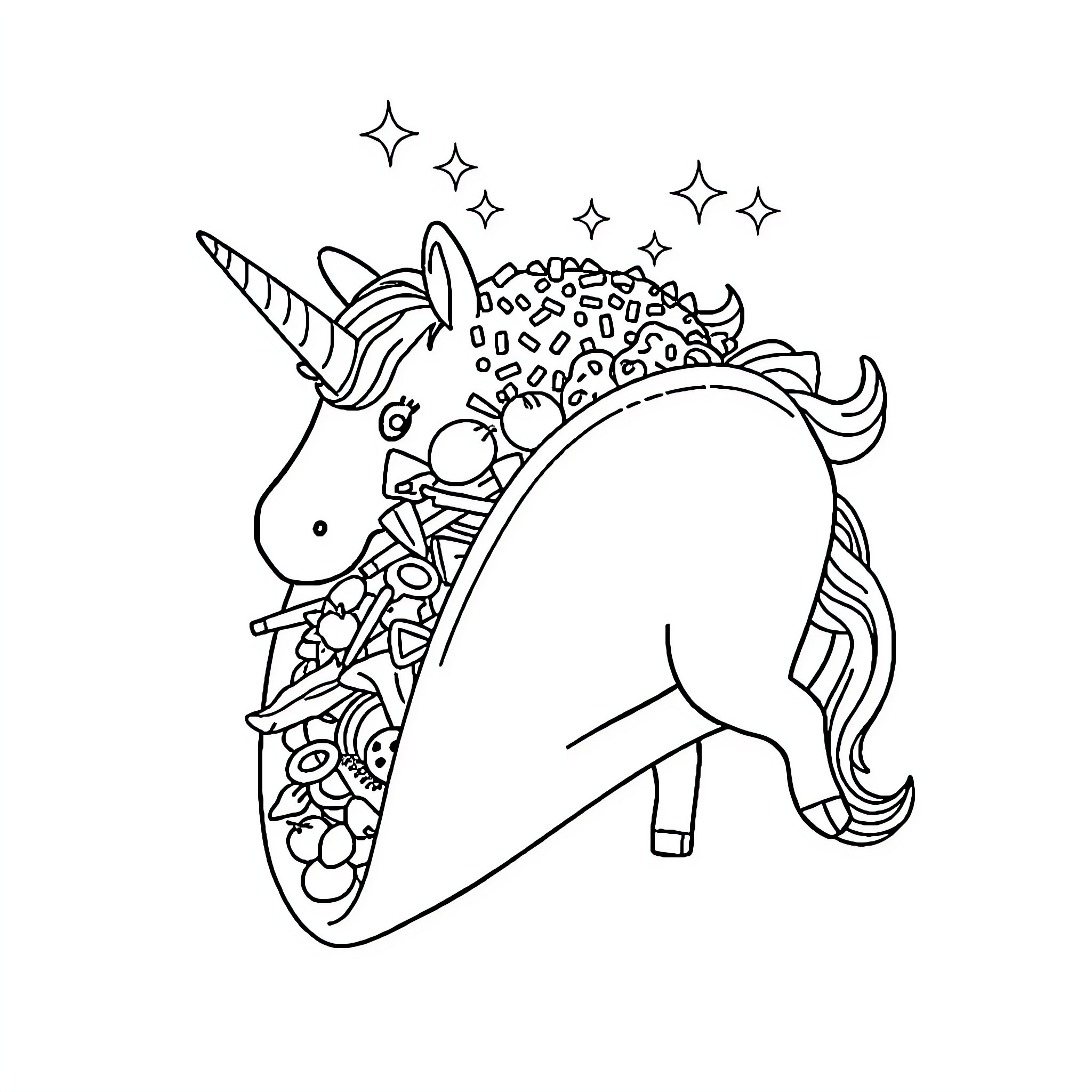 Unicorn Taco with Whimsical Decorations Coloring Page (free black-and-white line drawing printable PDF for all, from beginners to advanced learners, including children, teens, adults, and seniors)