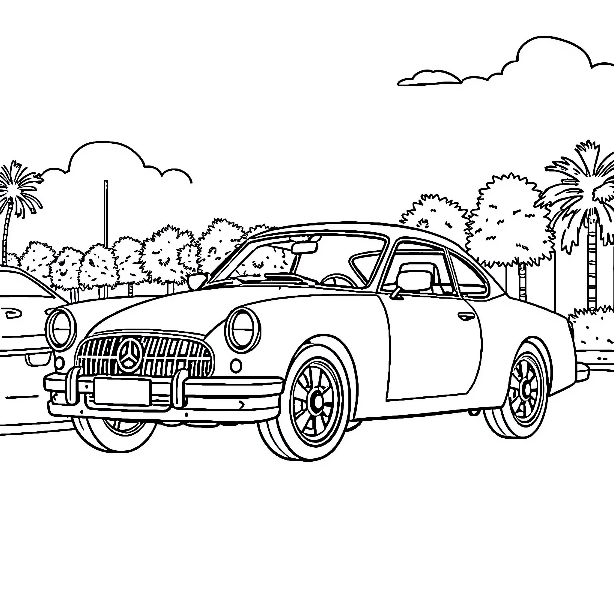 Car driving through tropical landscape Coloring Page (free black-and-white line drawing printable PDF for all, from beginners to advanced learners, including children, teens, adults, and seniors)