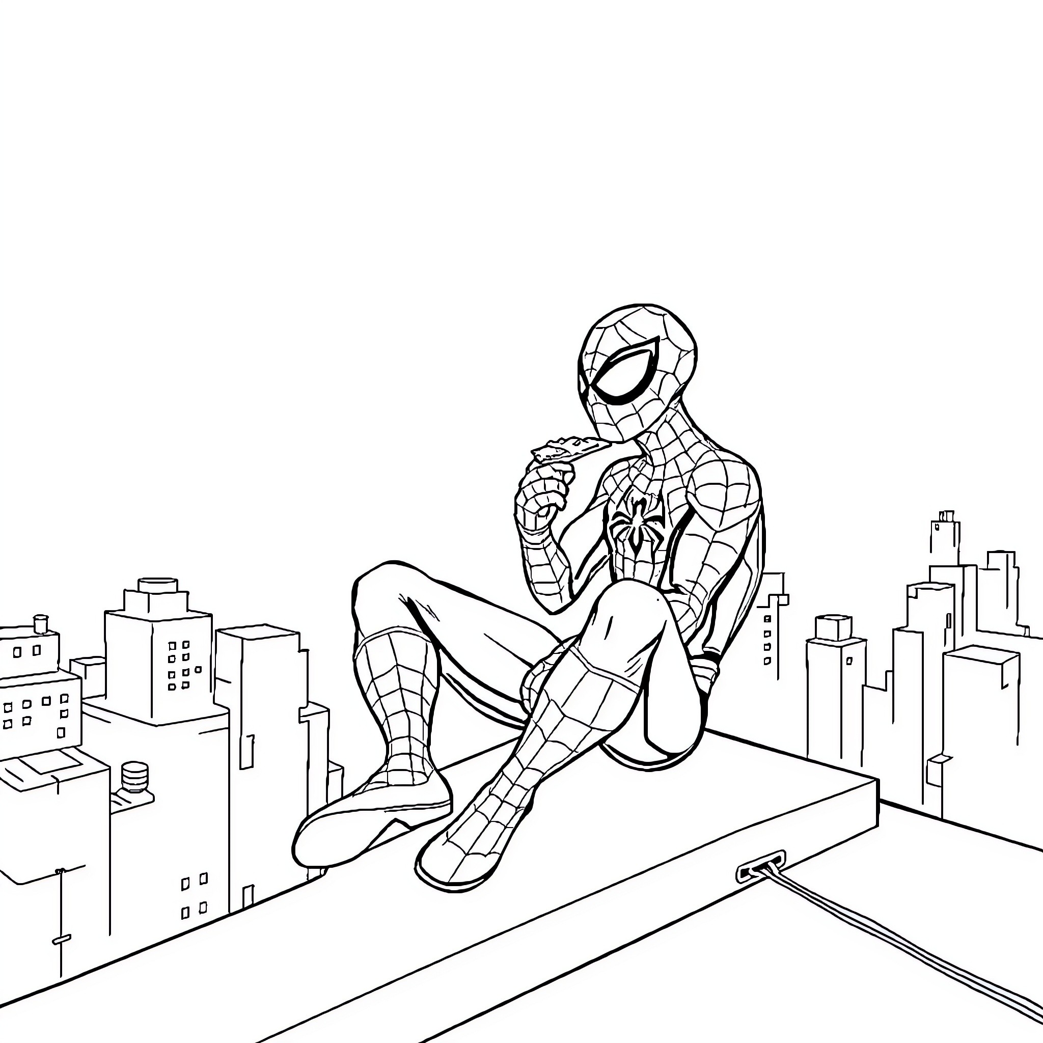 Spider-Man sitting pensively on a rooftop Coloring Page (free black-and-white line drawing printable PDF for all, from beginners to advanced learners, including children, teens, adults, and seniors)