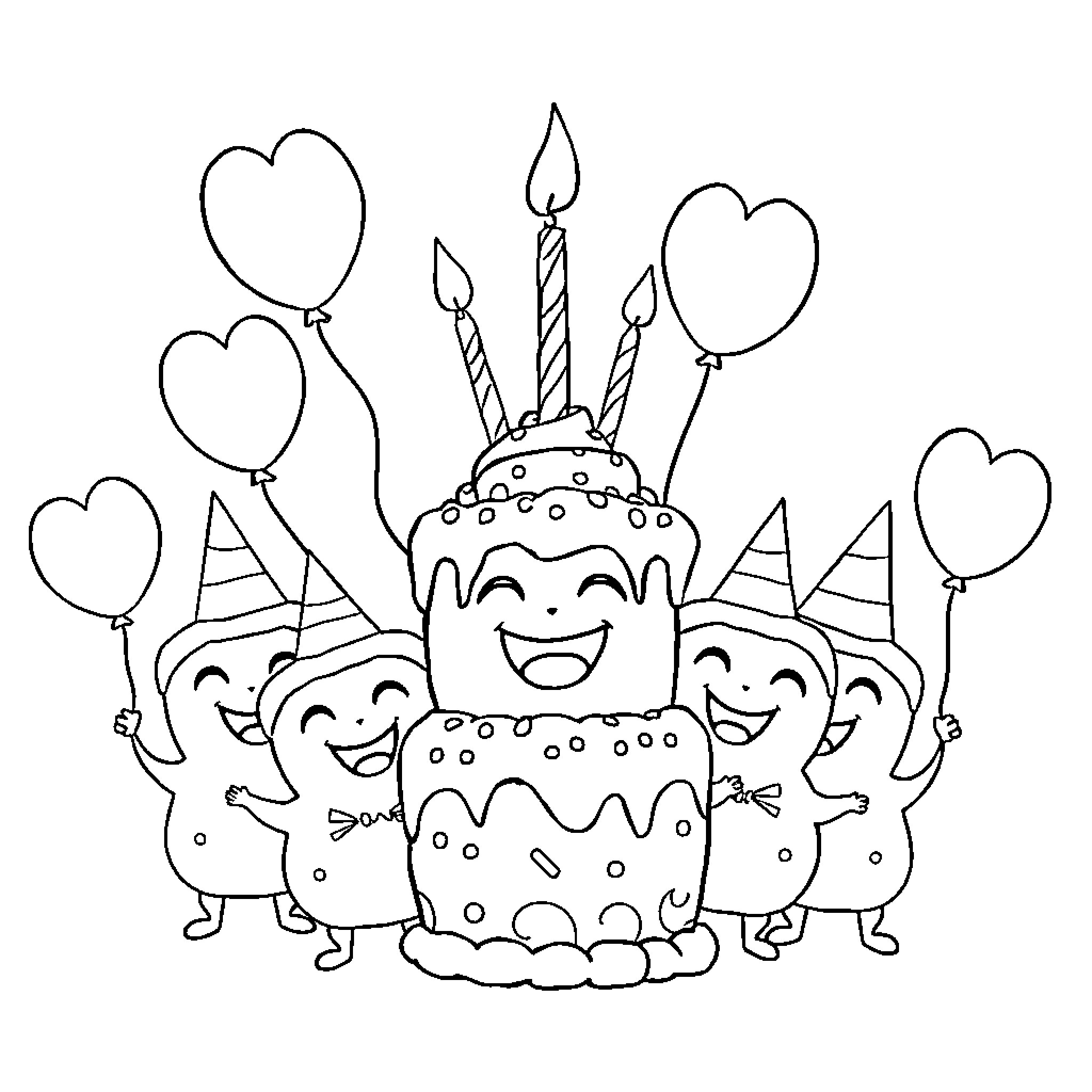 Caca Joyful Celebration with Birthday Cake and Balloons Coloring Page (free black-and-white line drawing printable PDF for all, from beginners to advanced learners, including children, teens, adults, and seniors)