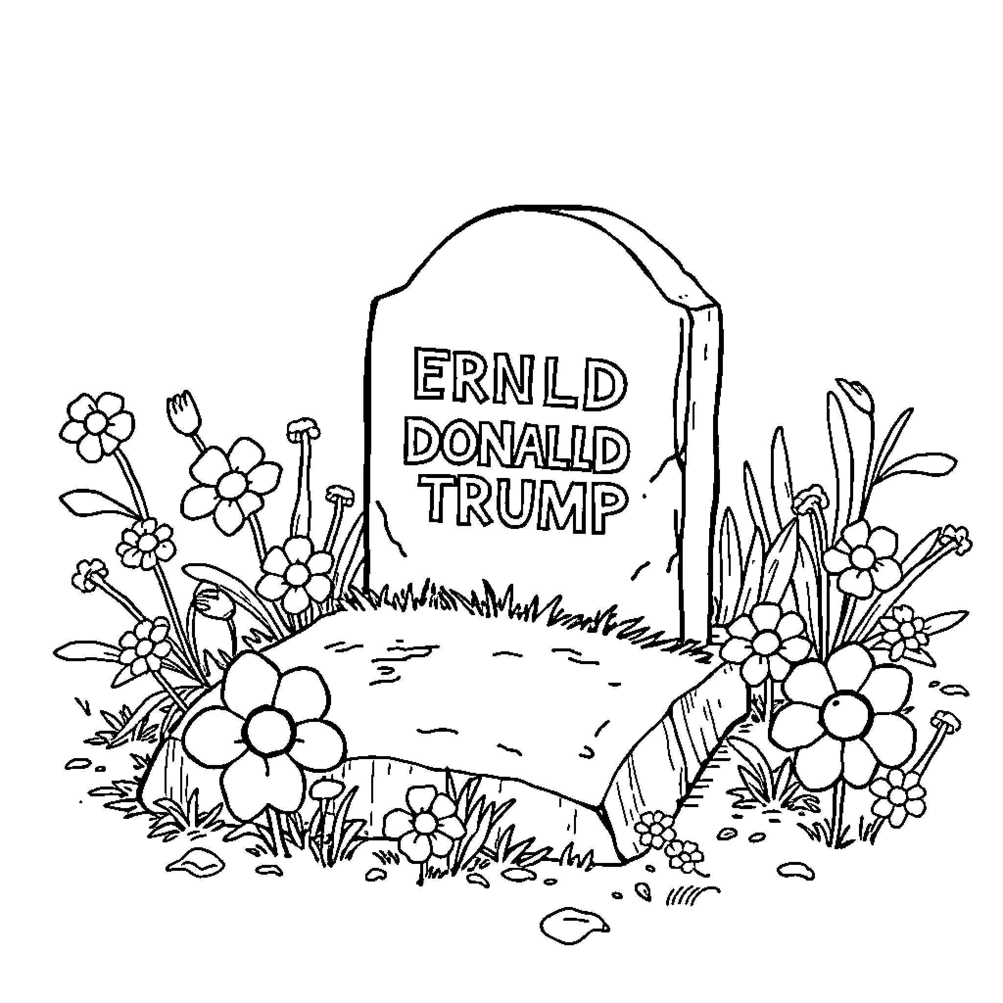 Grave of Donald Trump in floral landscape Coloring Page (free black-and-white line drawing printable PDF for all, from beginners to advanced learners, including children, teens, adults, and seniors)