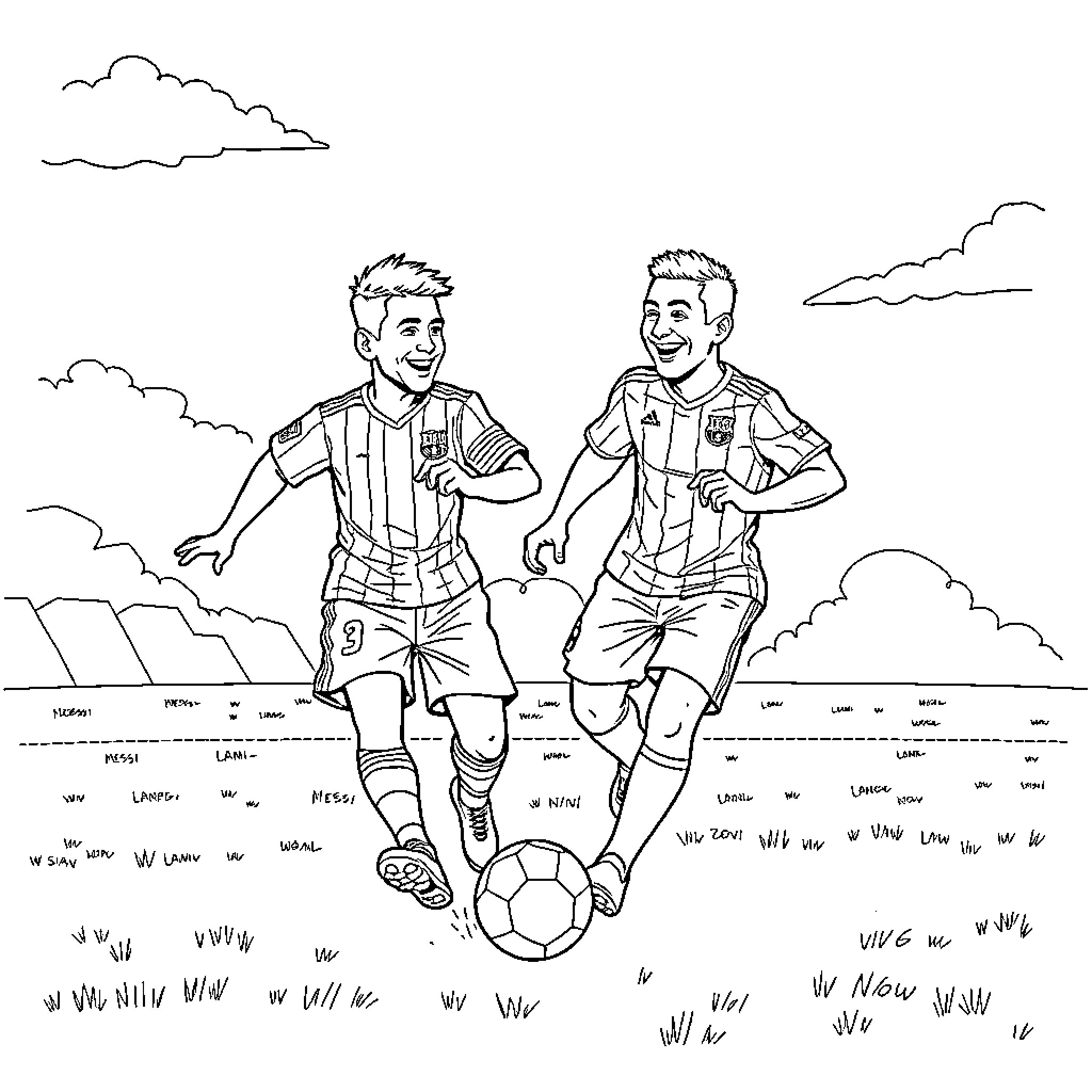 Football players running and kicking the ball on the field Coloring Page (free black-and-white line drawing printable PDF for all, from beginners to advanced learners, including children, teens, adults, and seniors)