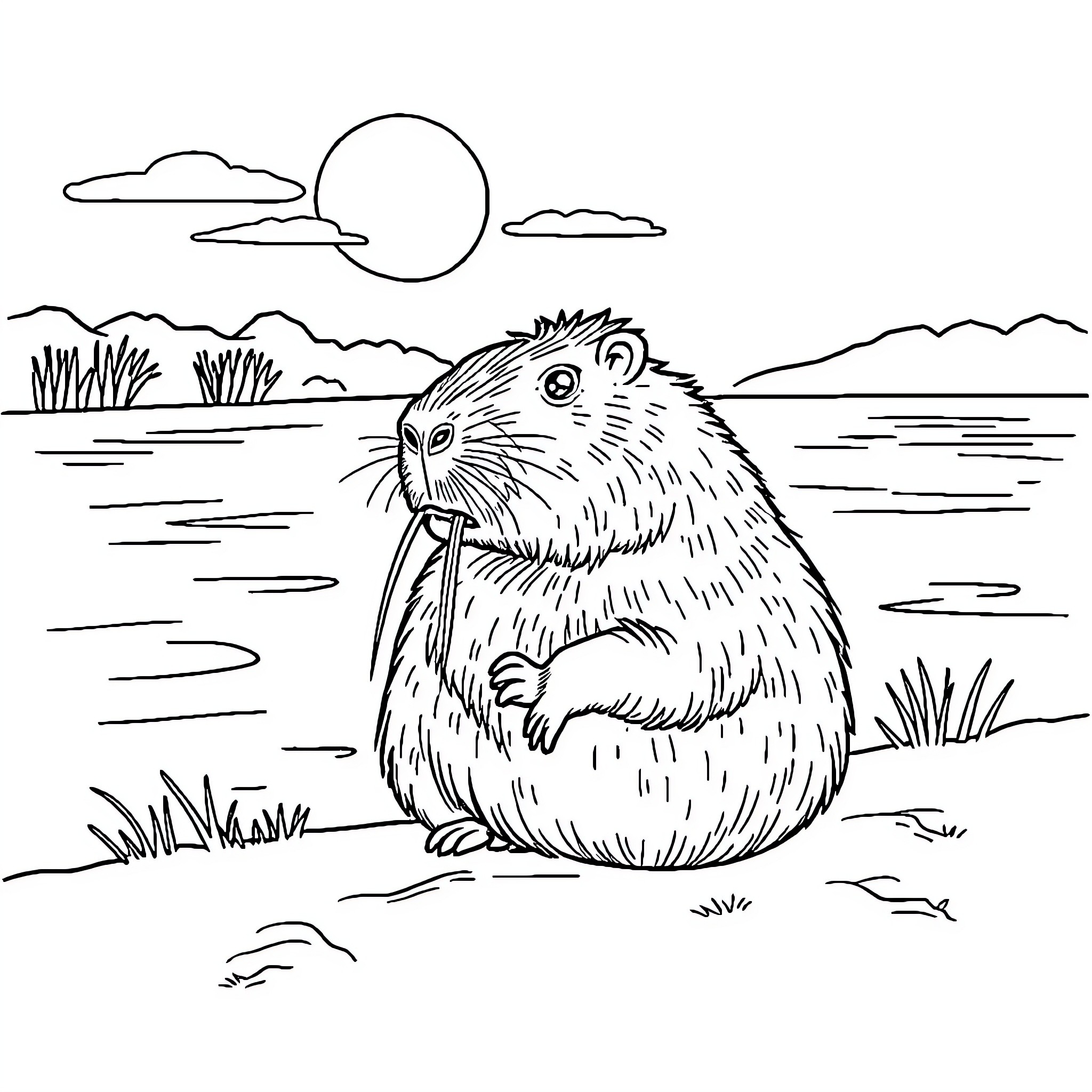 Capybara relaxing in nature landscape Coloring Page (free black-and-white line drawing printable PDF for all, from beginners to advanced learners, including children, teens, adults, and seniors)
