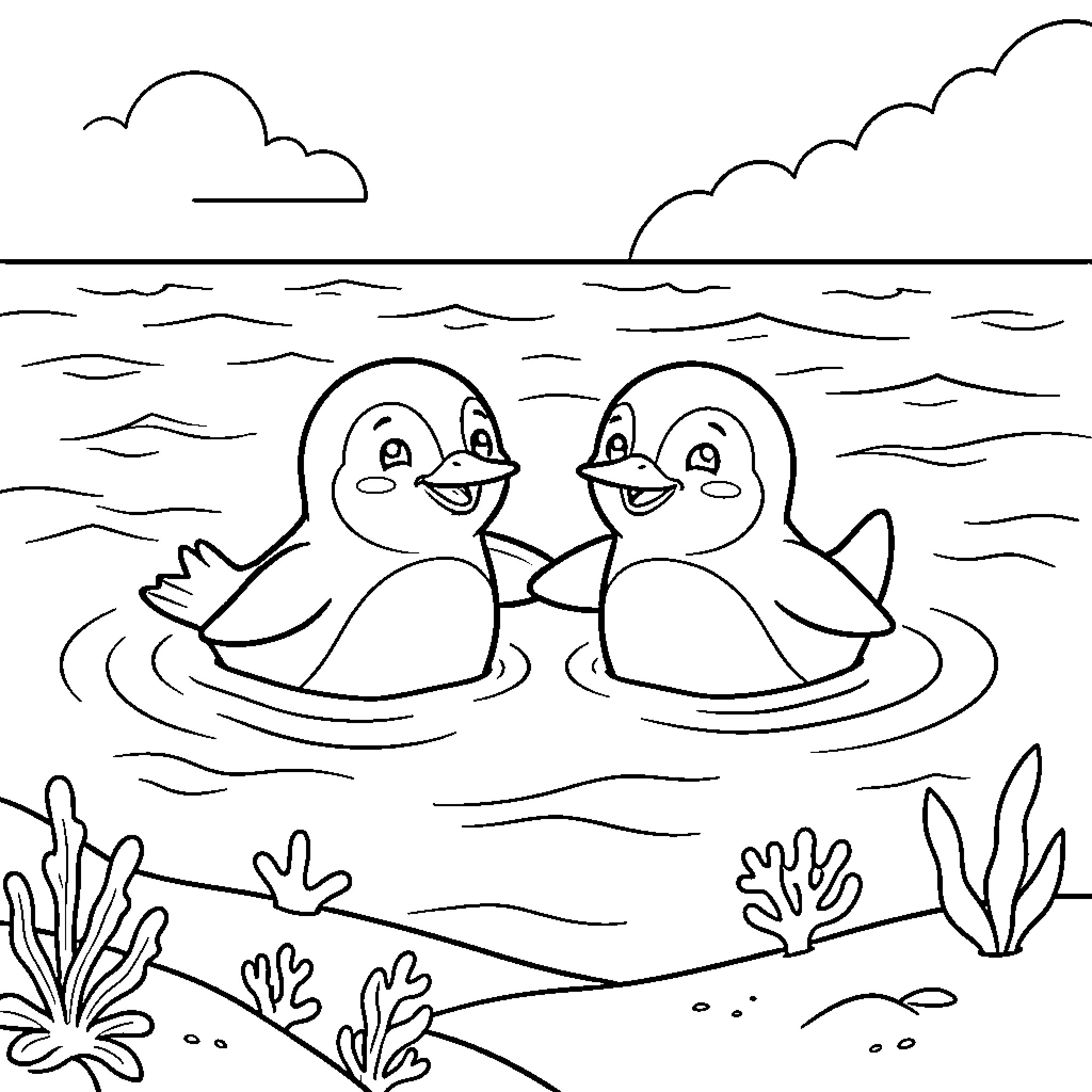 Penguin friends swimming joyfully in the ocean Coloring Page (free black-and-white line drawing printable PDF for all, from beginners to advanced learners, including children, teens, adults, and seniors)