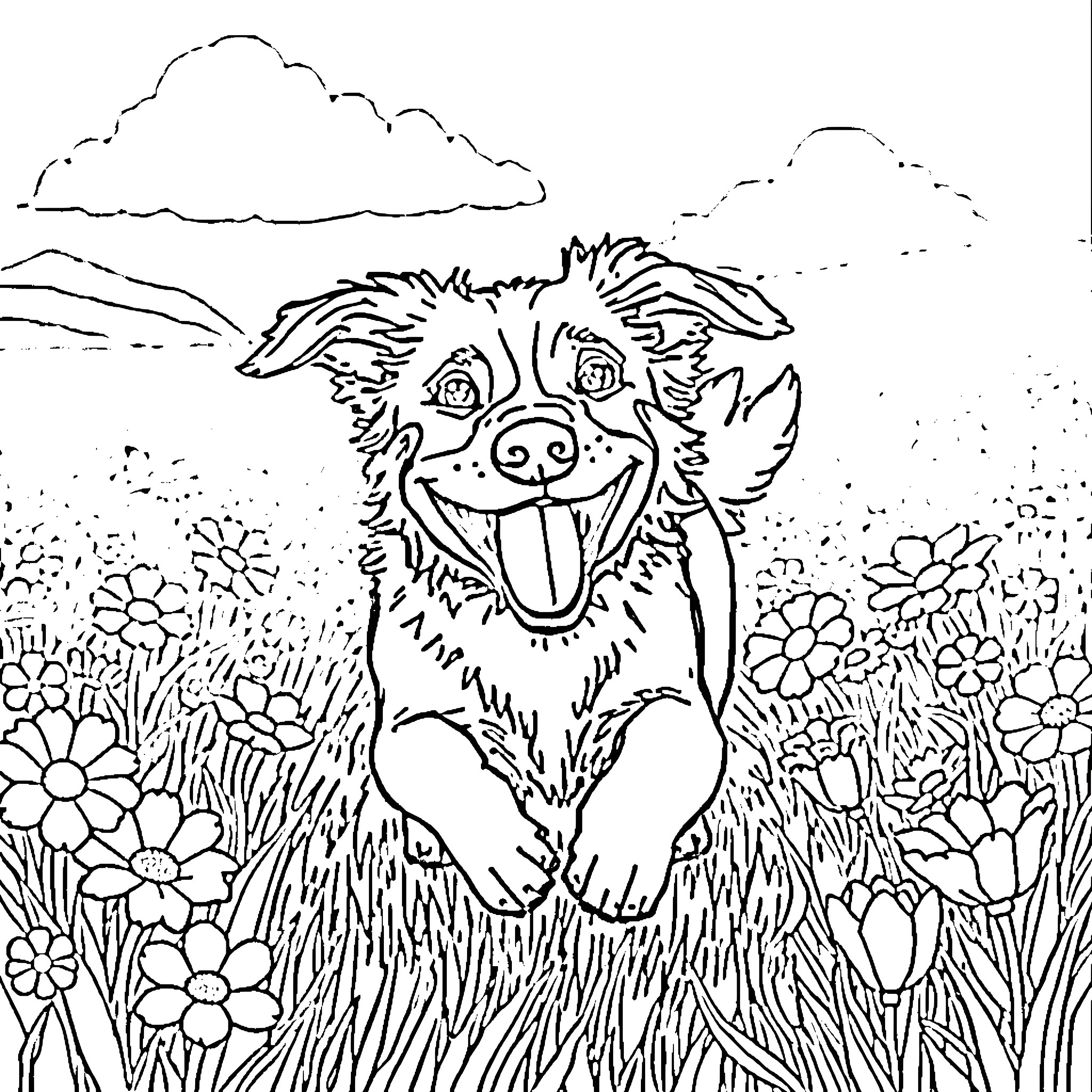 Dog joyfully running through a field of flowers Coloring Page (free black-and-white line drawing printable PDF for all, from beginners to advanced learners, including children, teens, adults, and seniors)