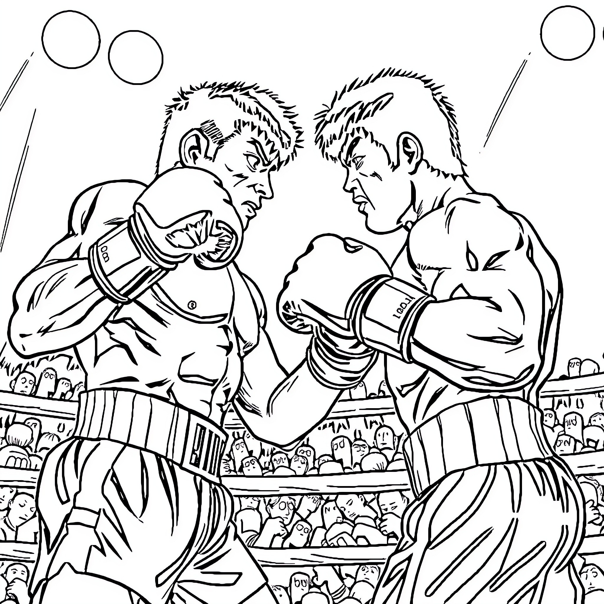 Joe Yabuki's intense boxing match in the ring Coloring Page (free black-and-white line drawing printable PDF for all, from beginners to advanced learners, including children, teens, adults, and seniors)