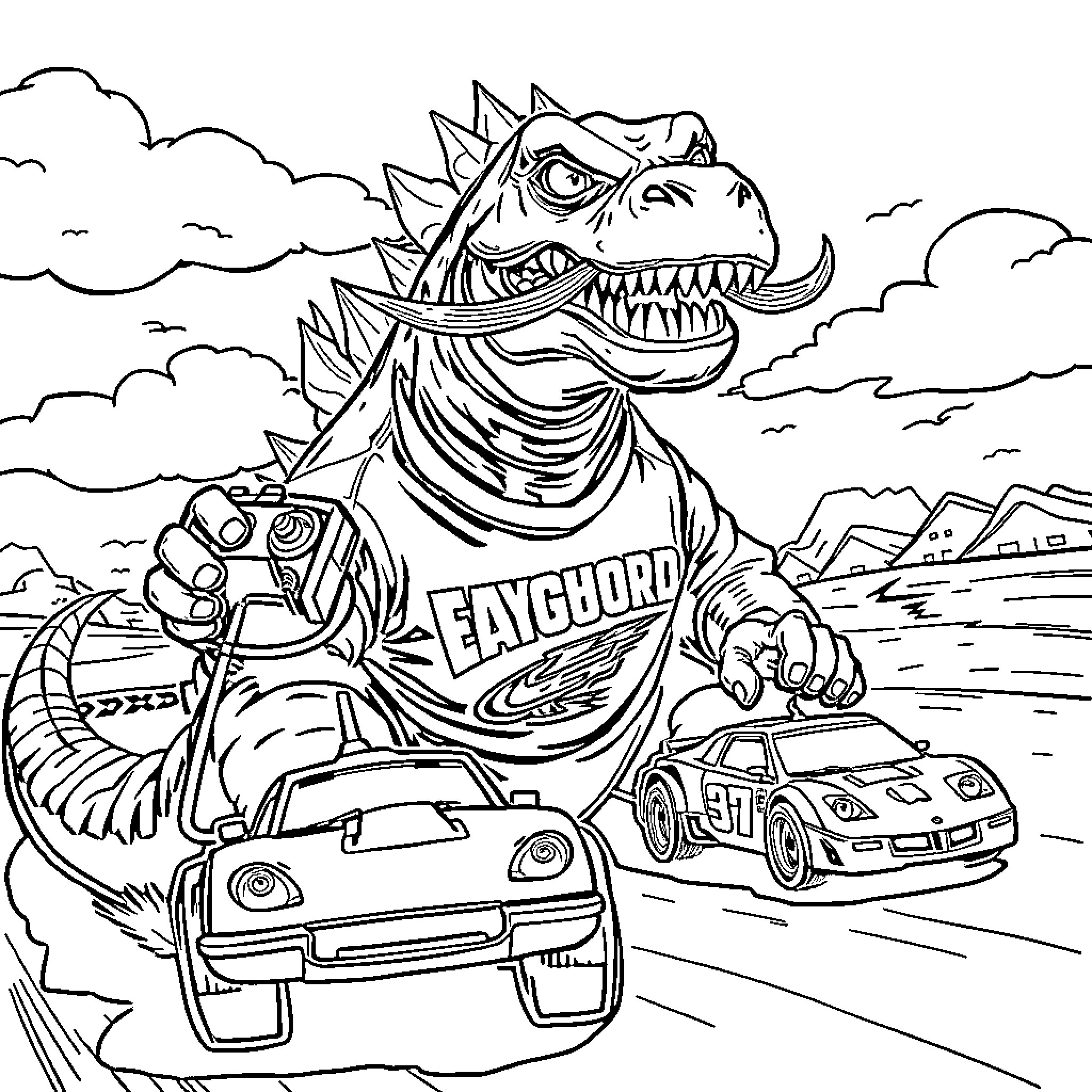 Godzilla chasing cars and wielding a camera in the clouds Coloring Page (free black-and-white line drawing printable PDF for all, from beginners to advanced learners, including children, teens, adults, and seniors)