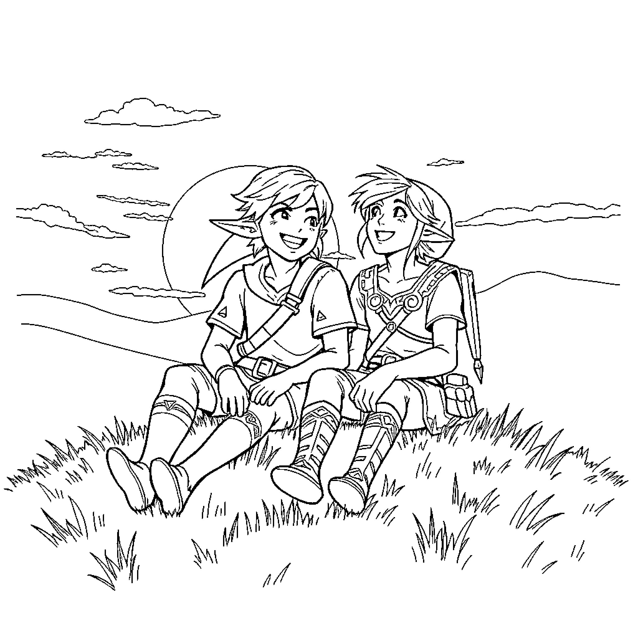 Zelda Characters Enjoying Outdoor Adventure Coloring Page (free black-and-white line drawing printable PDF for all, from beginners to advanced learners, including children, teens, adults, and seniors)