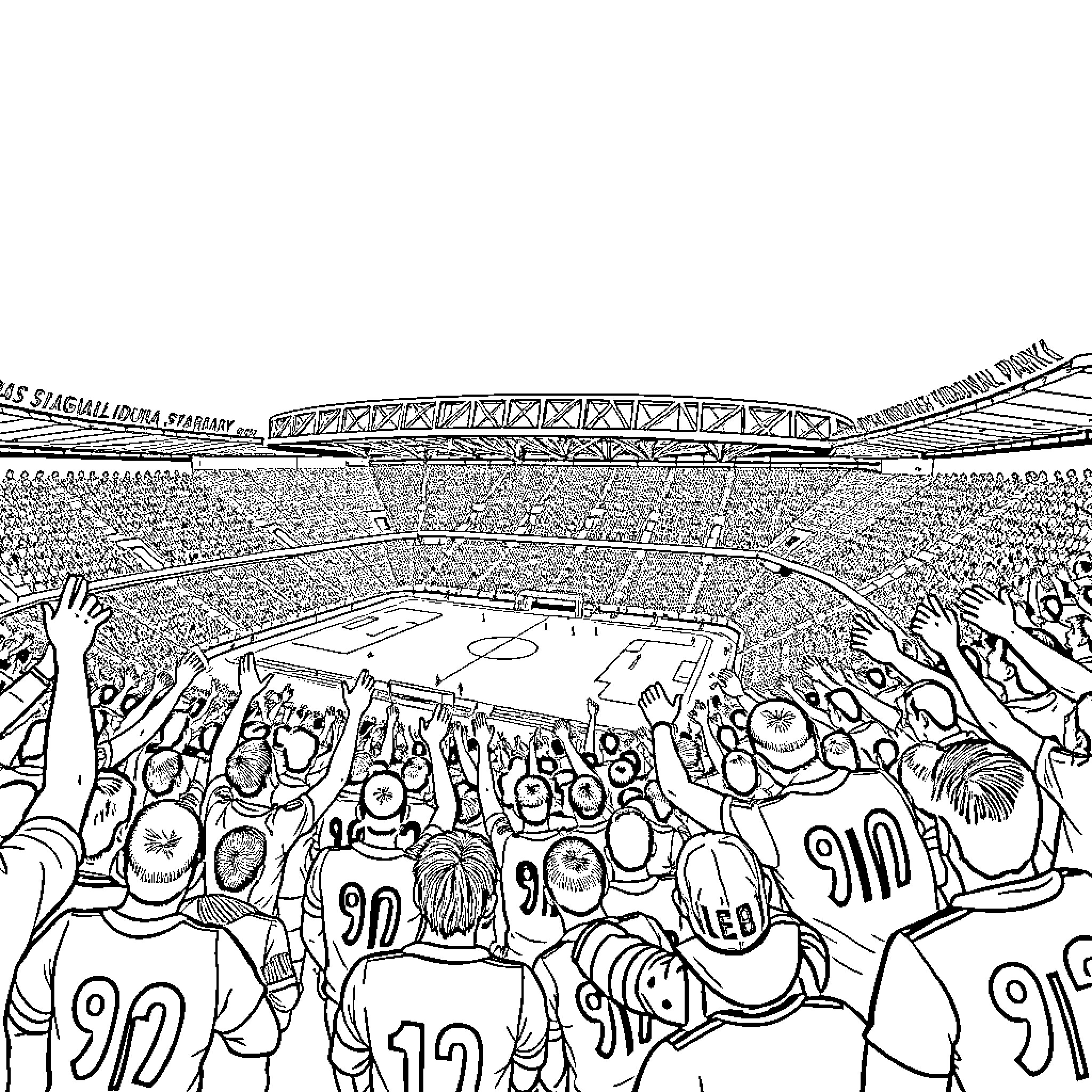 Stadion: Enthusiastic Crowd Cheering at Sports Event Coloring Page (free black-and-white line drawing printable PDF for all, from beginners to advanced learners, including children, teens, adults, and seniors)