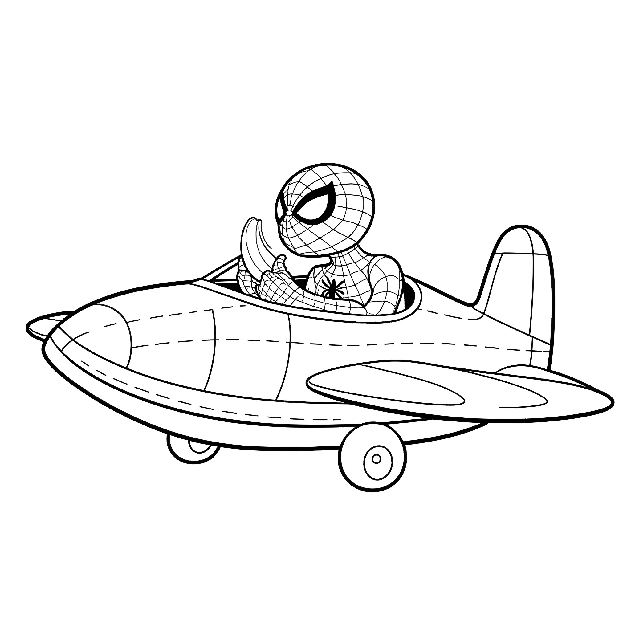 Spider-Man flying in a toy plane Coloring Page (free black-and-white line drawing printable PDF for all, from beginners to advanced learners, including children, teens, adults, and seniors)