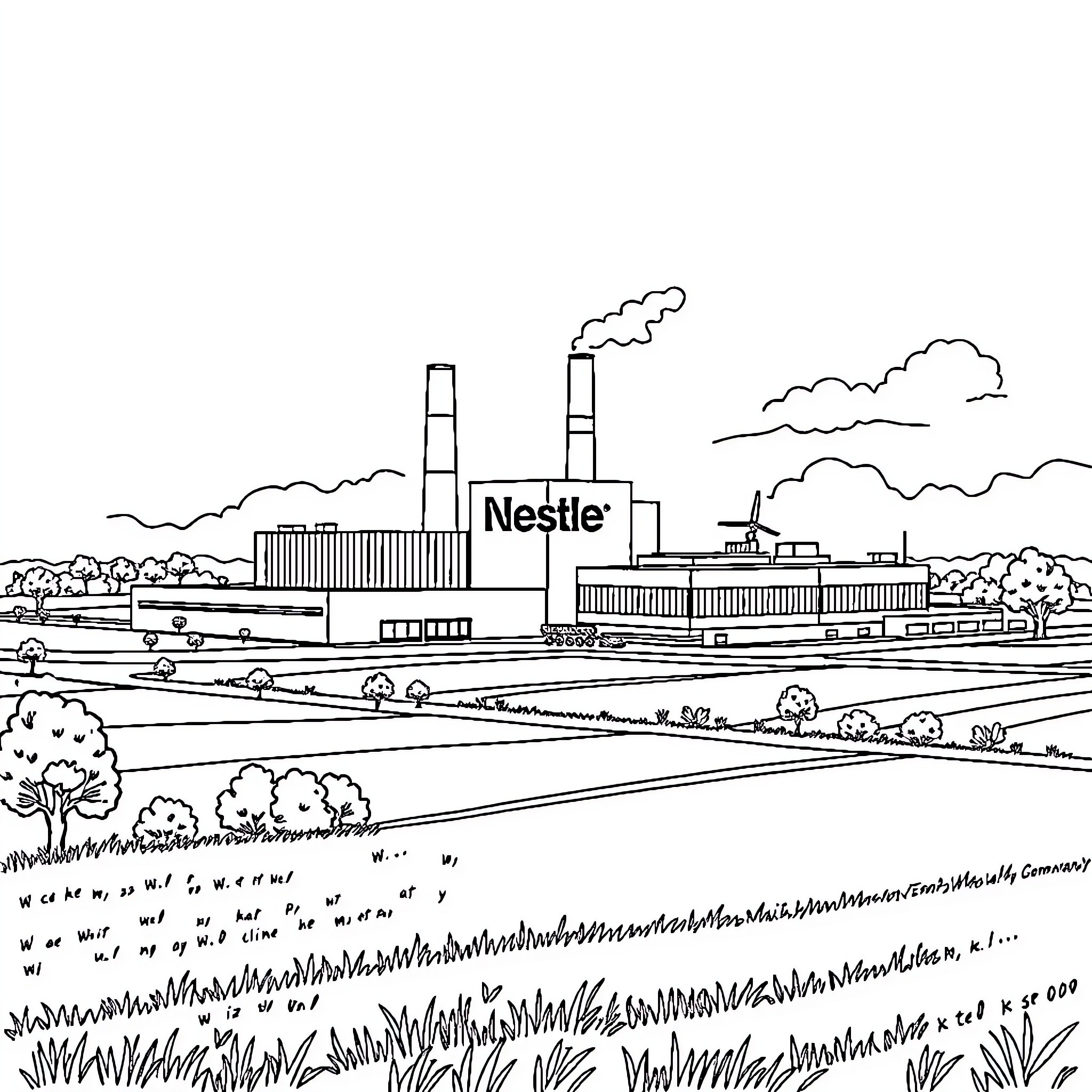 Nestlé factory scene with industrial landscape Coloring Page (free black-and-white line drawing printable PDF for all, from beginners to advanced learners, including children, teens, adults, and seniors)