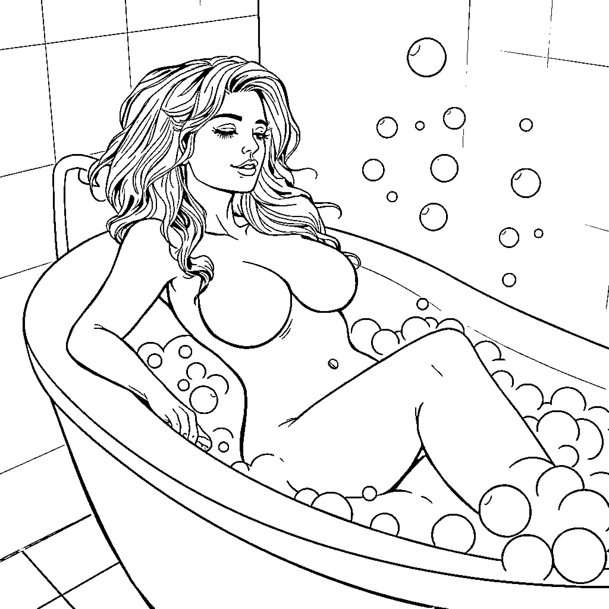 Girl relaxing in a bubble bath Coloring Page (free black-and-white line drawing printable PDF for all, from beginners to advanced learners, including children, teens, adults, and seniors)