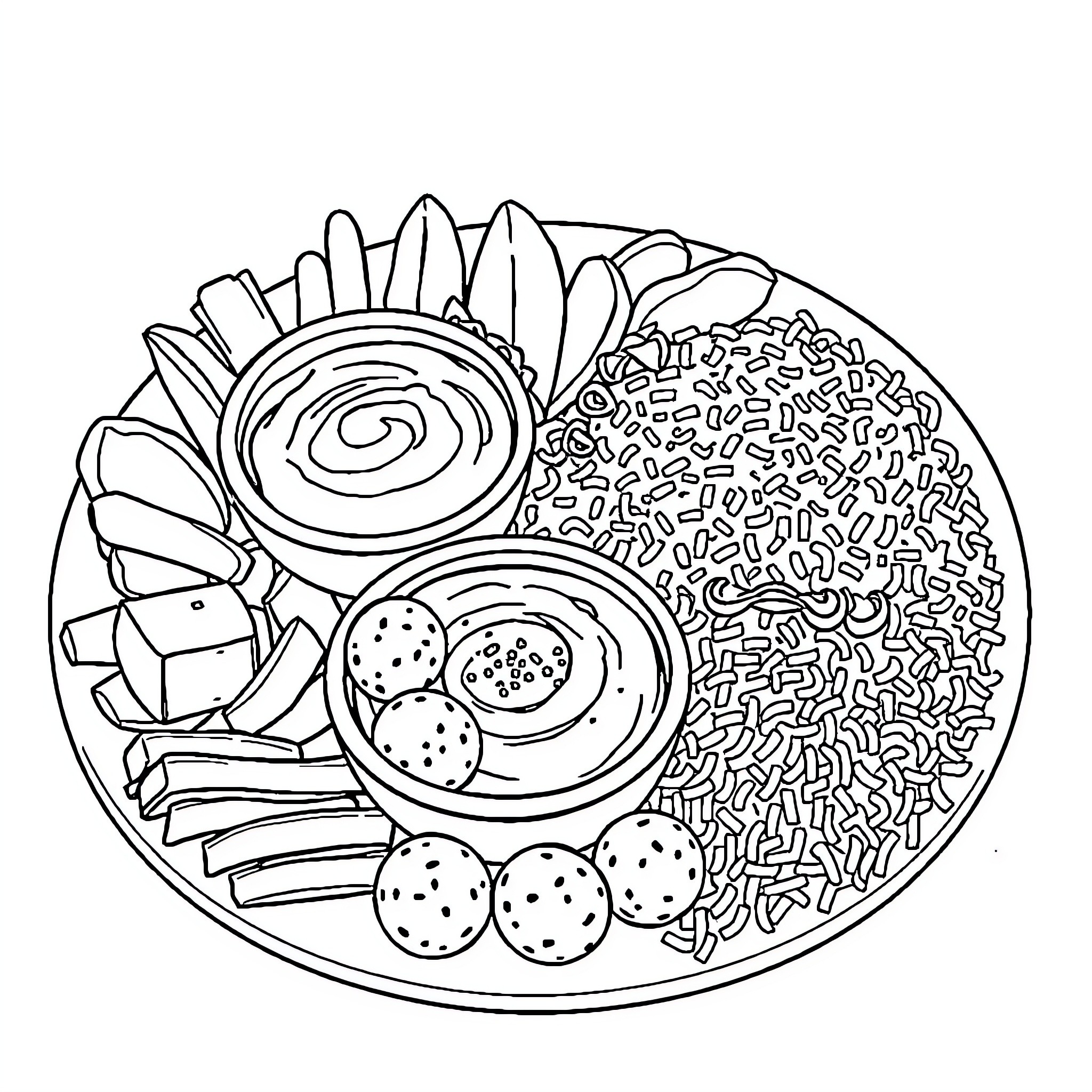 Arabic Food Presentation with Assorted Dishes Coloring Page (free black-and-white line drawing printable PDF for all, from beginners to advanced learners, including children, teens, adults, and seniors)