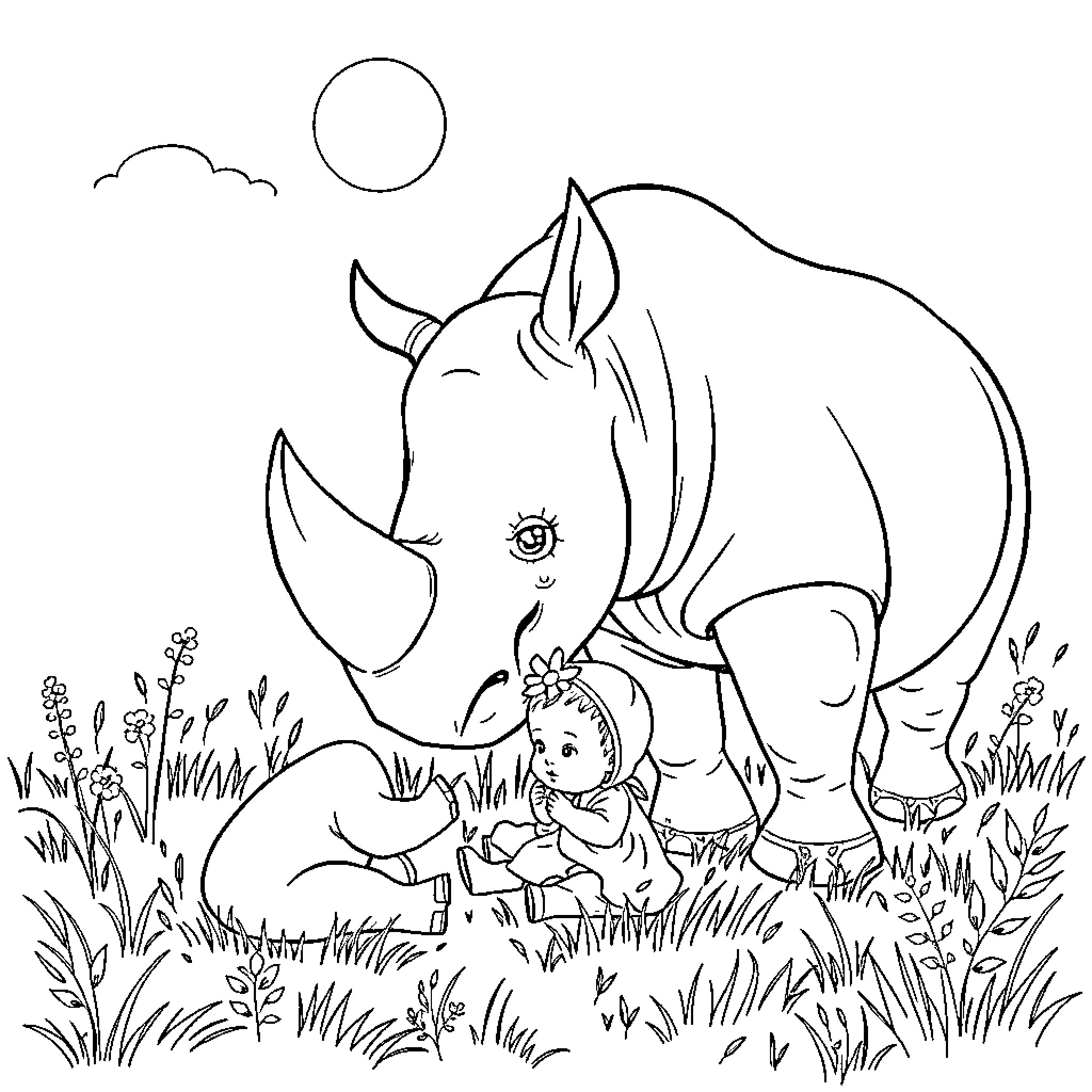 Rhino resting in serene nature landscape Coloring Page (free black-and-white line drawing printable PDF for all, from beginners to advanced learners, including children, teens, adults, and seniors)