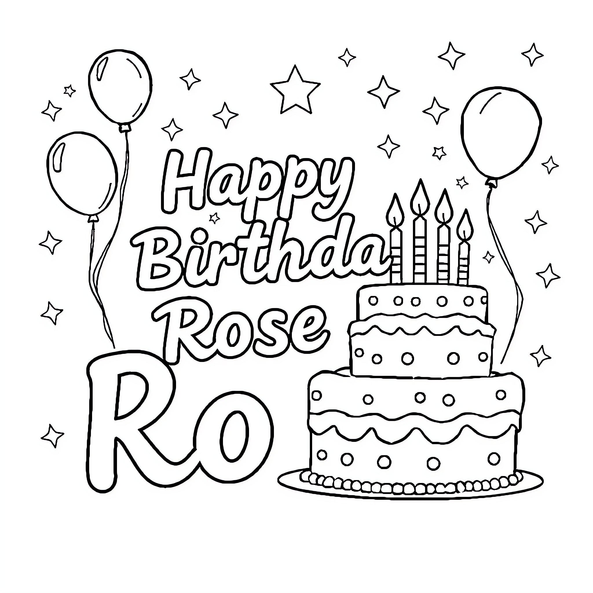 Birthday Celebration with Cake and Balloons Coloring Page (free black-and-white line drawing printable PDF for all, from beginners to advanced learners, including children, teens, adults, and seniors)