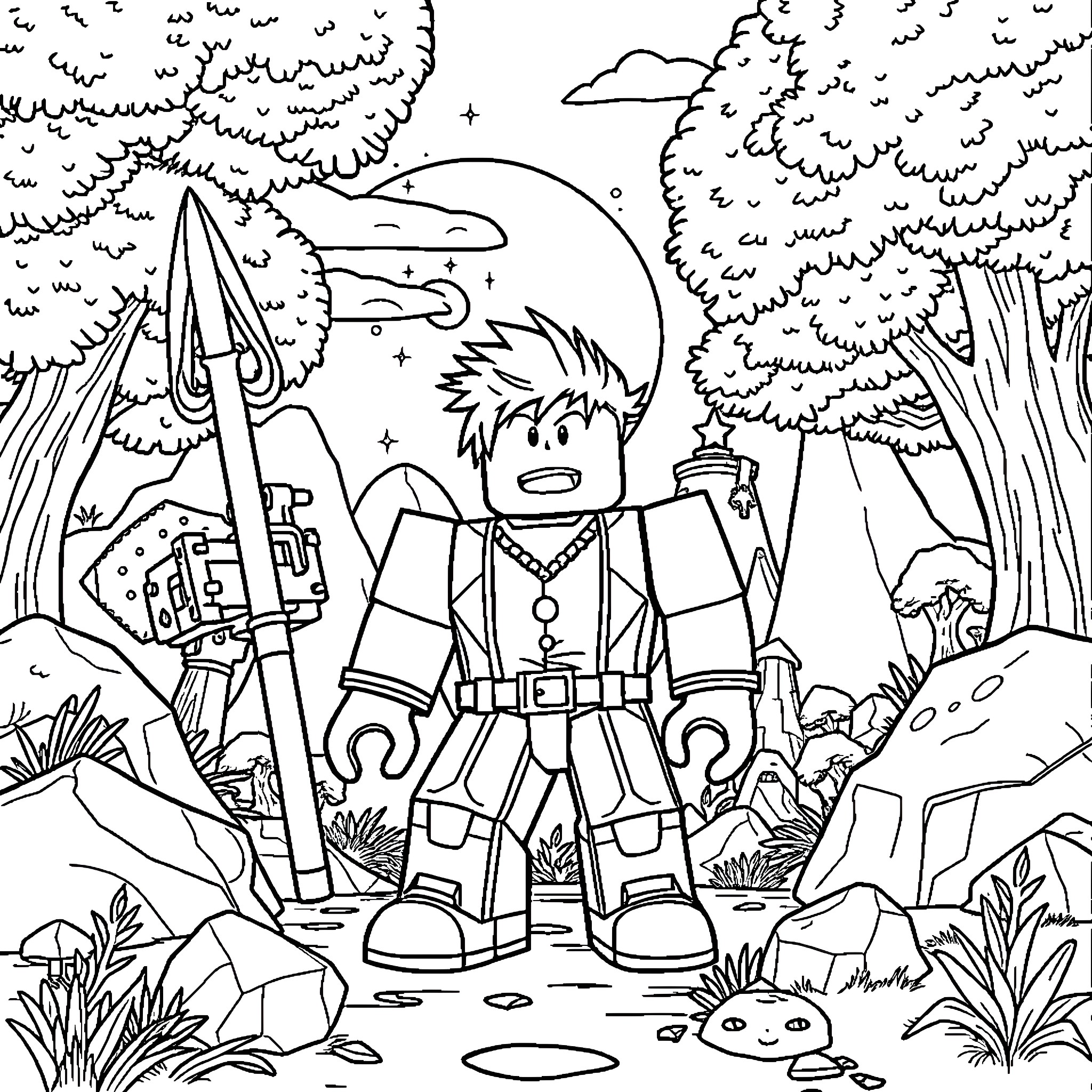 Roblox character exploring fantasy wilderness Coloring Page (free black-and-white line drawing printable PDF for all, from beginners to advanced learners, including children, teens, adults, and seniors)