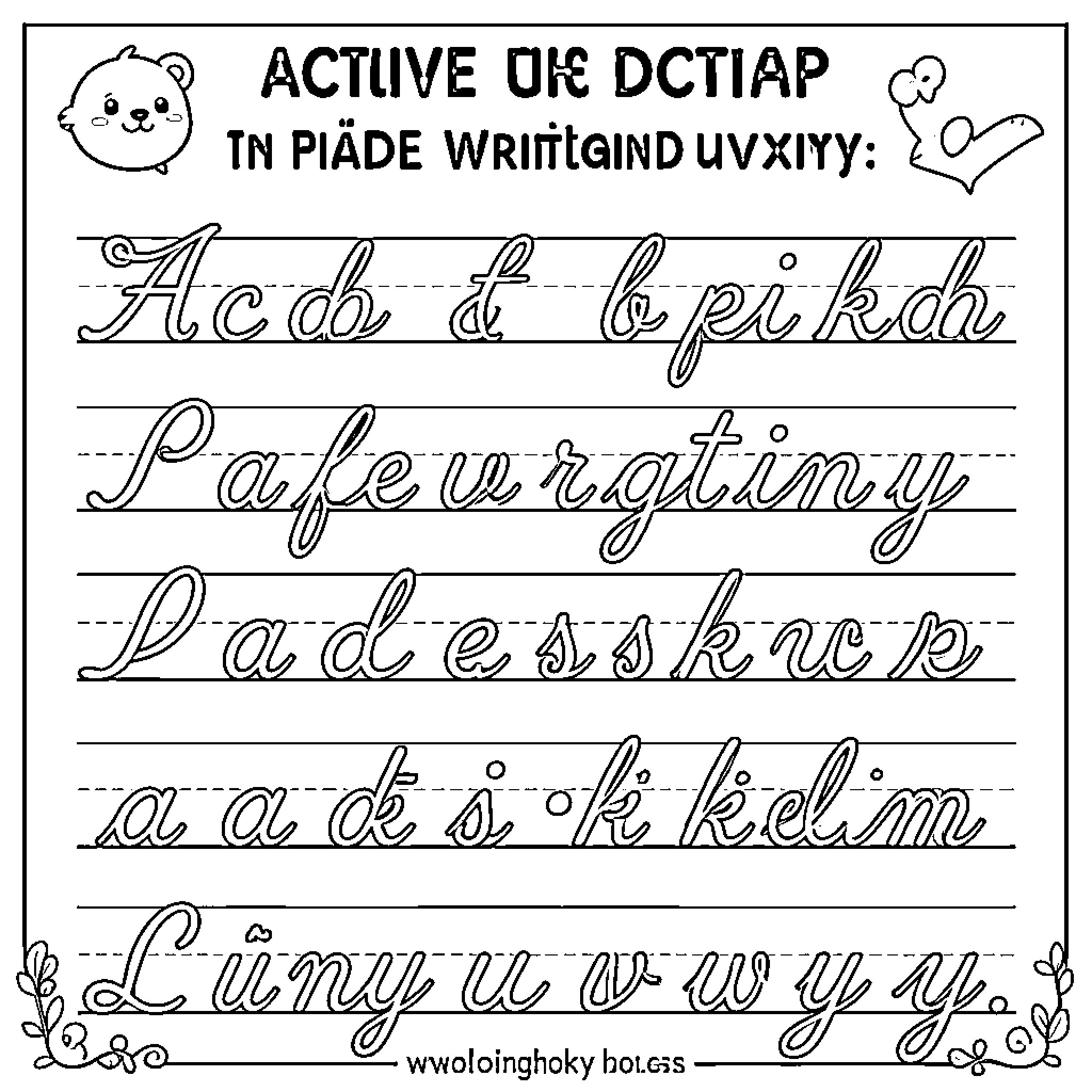 Cursive Writing practice on lined paper with cute illustrations Coloring Page (free black-and-white line drawing printable PDF for all, from beginners to advanced learners, including children, teens, adults, and seniors)