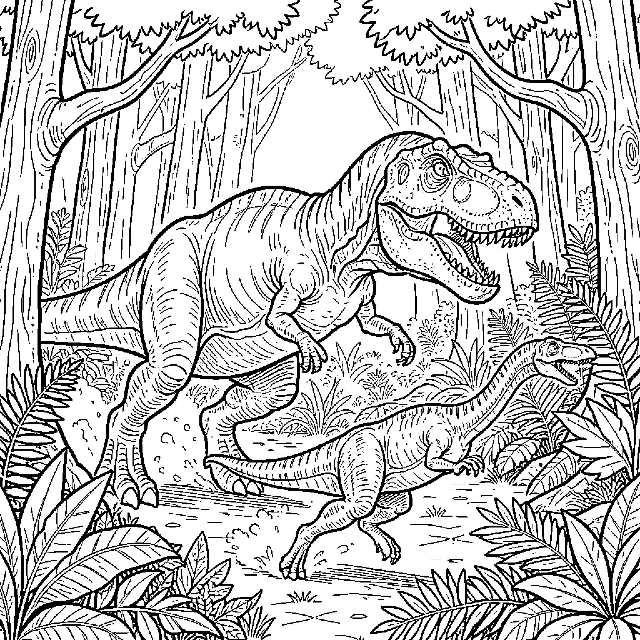 Tyrannosaurus walking through a lush prehistoric jungle Coloring Page (free black-and-white line drawing printable PDF for all, from beginners to advanced learners, including children, teens, adults, and seniors)
