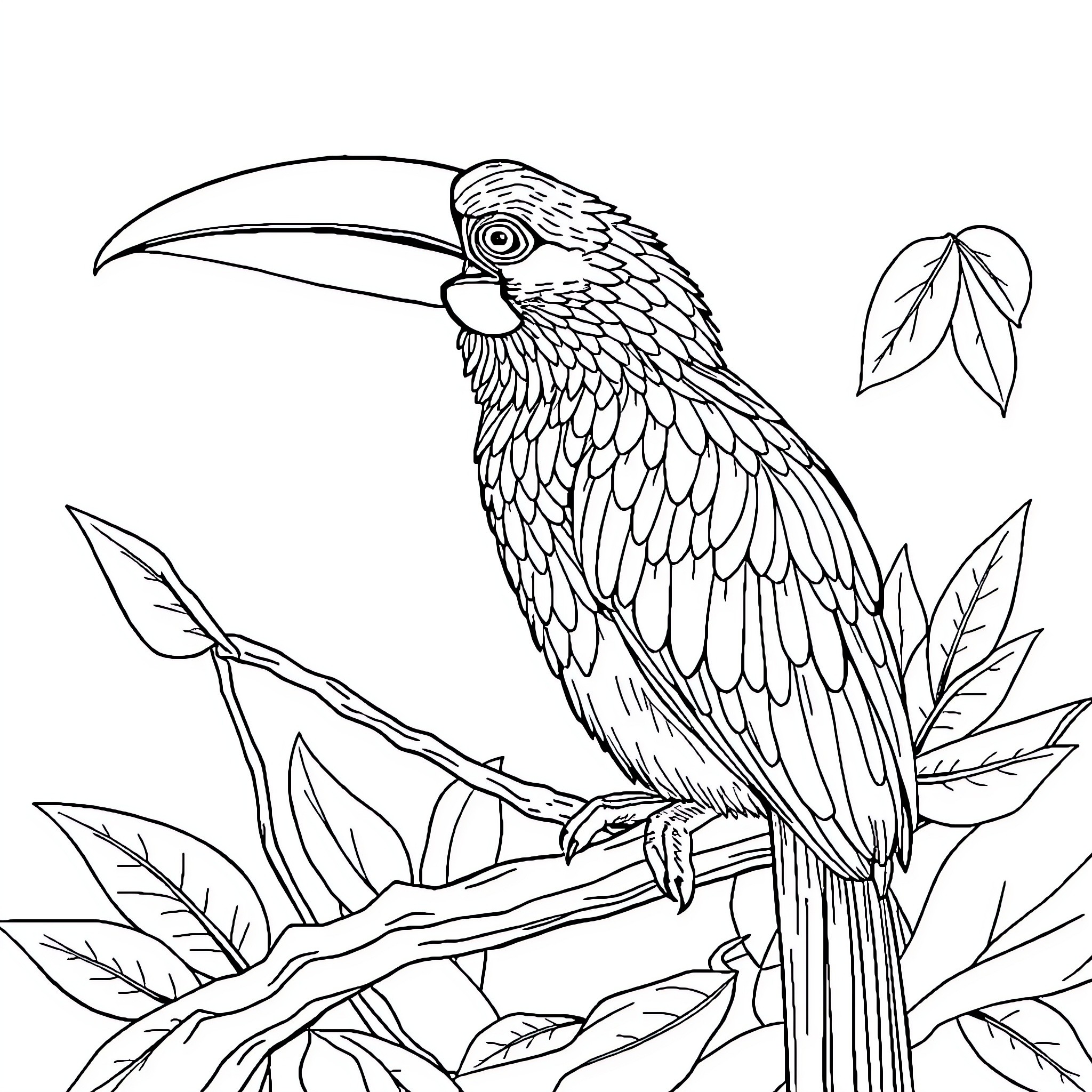 Animal Toucan perched amidst lush foliage Coloring Page (free black-and-white line drawing printable PDF for all, from beginners to advanced learners, including children, teens, adults, and seniors)