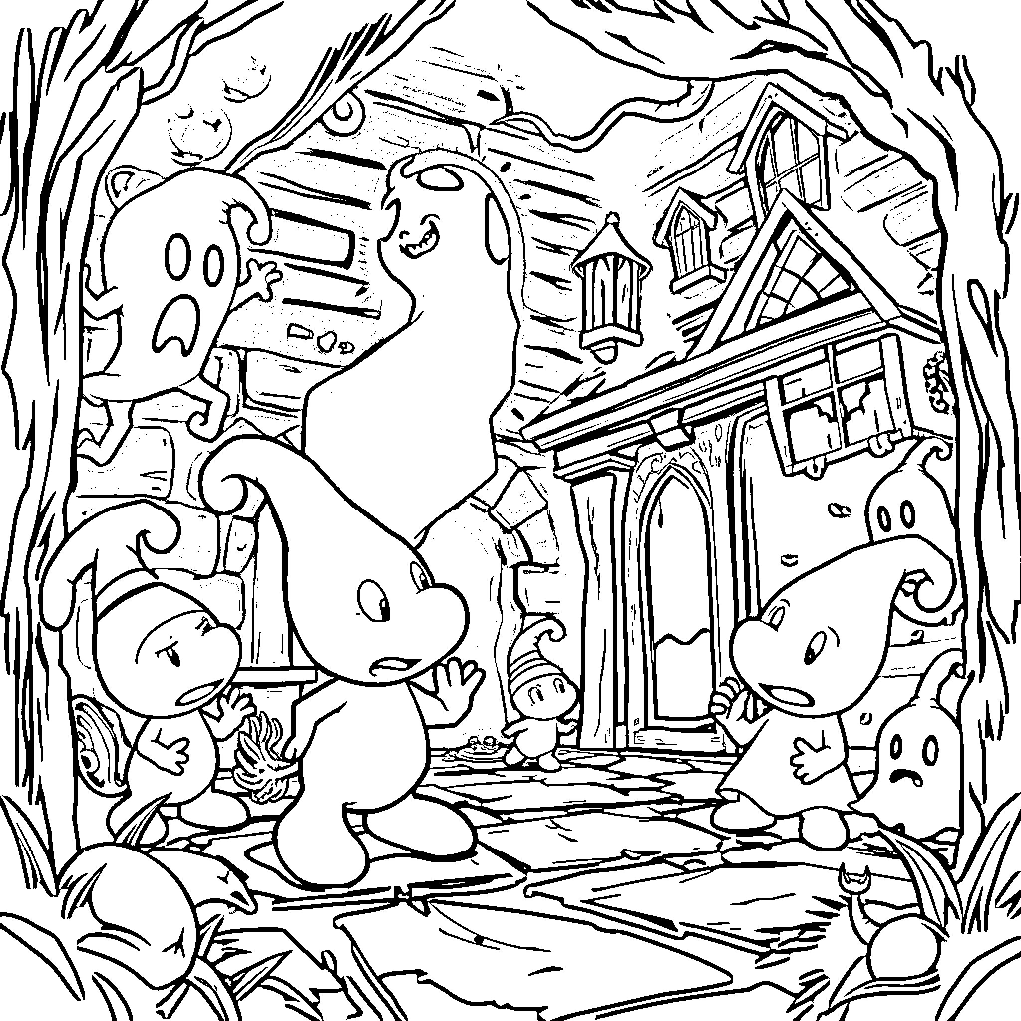 Pikmin exploring a whimsical and imaginative landscape Coloring Page (free black-and-white line drawing printable PDF for all, from beginners to advanced learners, including children, teens, adults, and seniors)