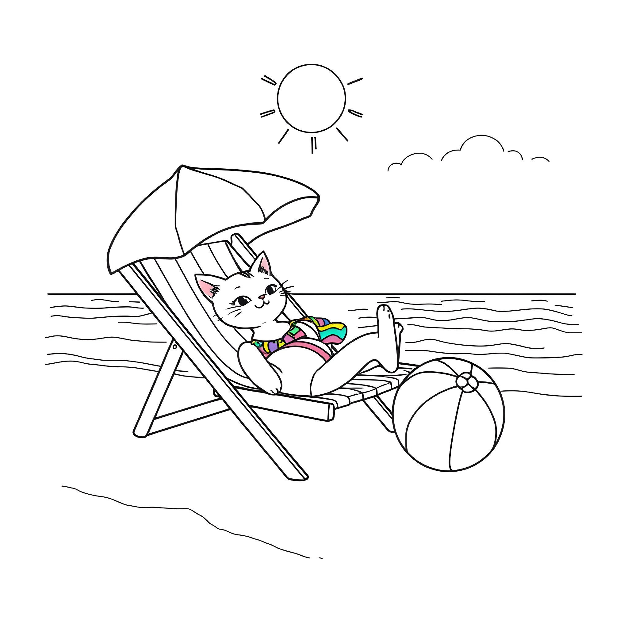 Cat relaxing on beach chair under sun Coloring Page (free black-and-white line drawing printable PDF for all, from beginners to advanced learners, including children, teens, adults, and seniors)