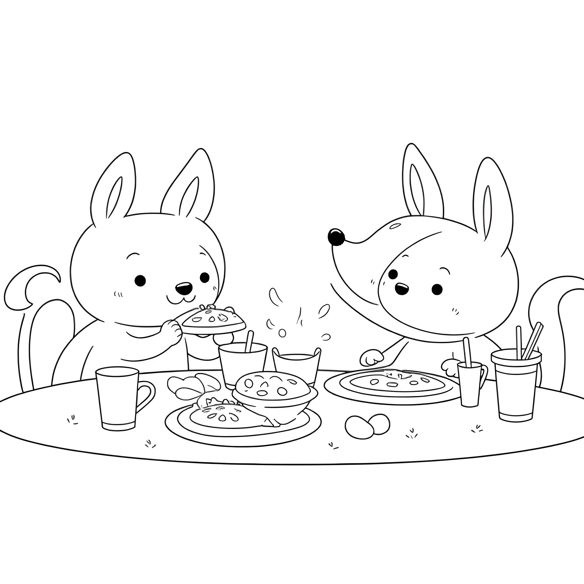 Animal friends enjoying a delightful meal together Coloring Page (free black-and-white line drawing printable PDF for all, from beginners to advanced learners, including children, teens, adults, and seniors)