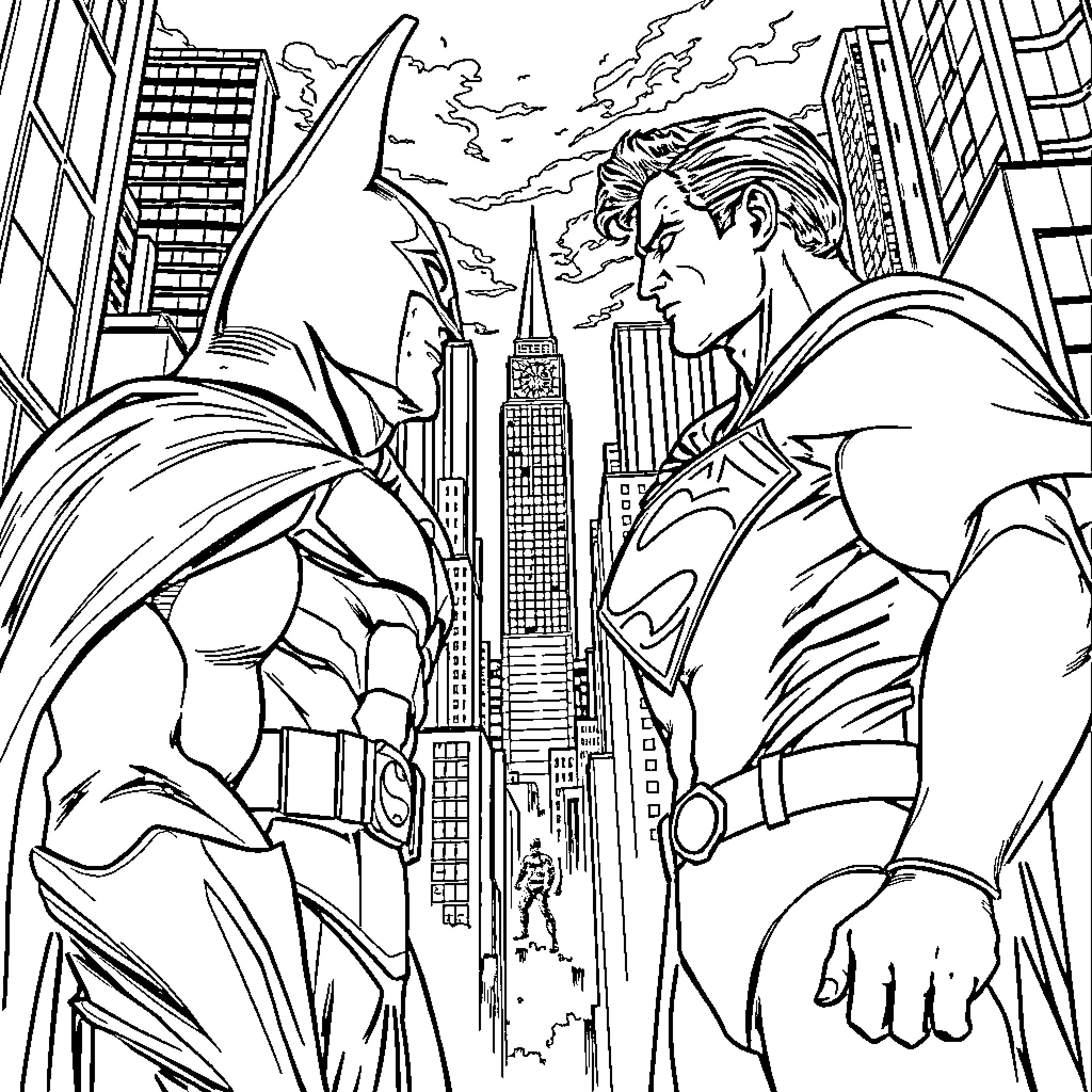 Batman Confronts a Formidable Foe in the City Coloring Page (free black-and-white line drawing printable PDF for all, from beginners to advanced learners, including children, teens, adults, and seniors)