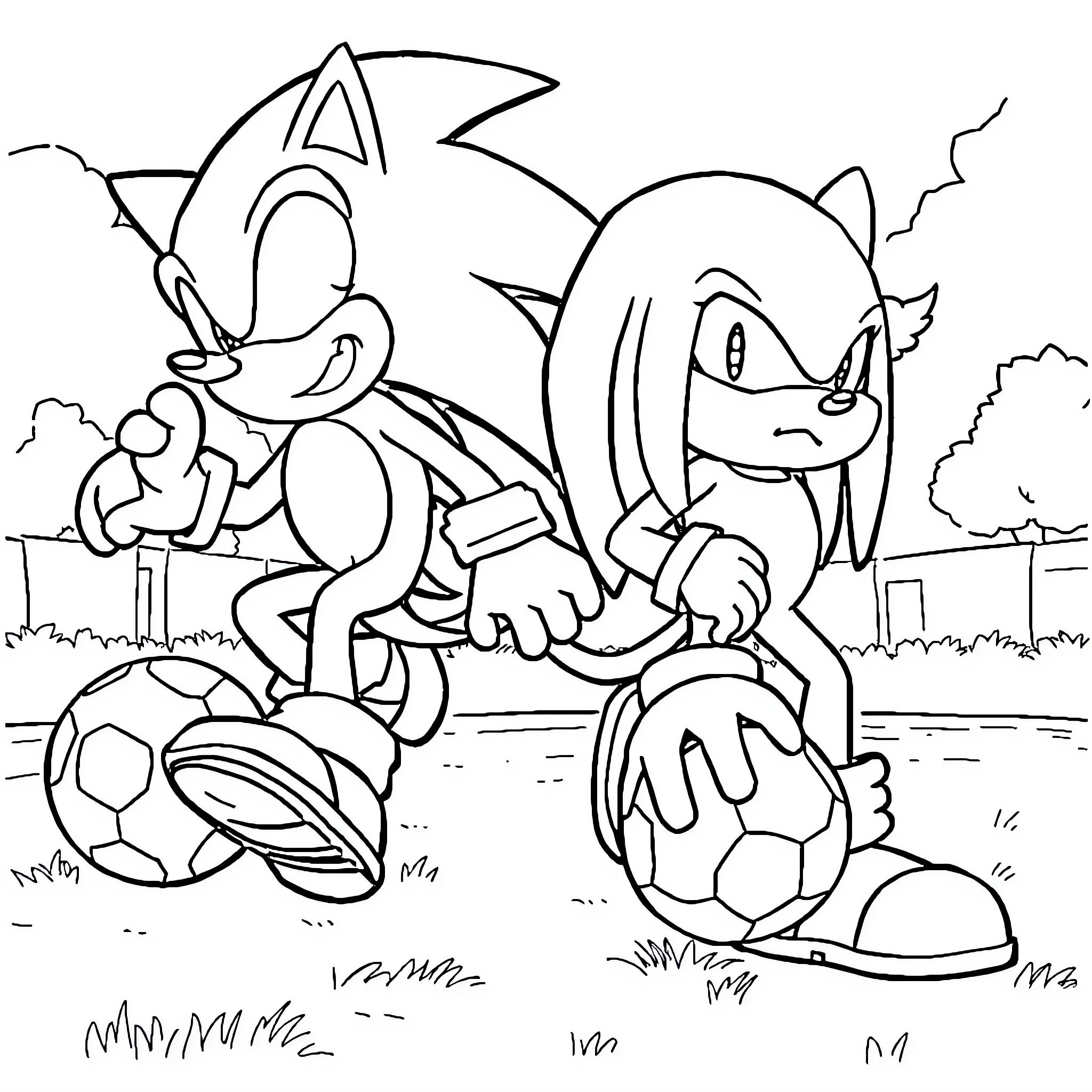 Sonic characters playing with soccer ball in the park Coloring Page (free black-and-white line drawing printable PDF for all, from beginners to advanced learners, including children, teens, adults, and seniors)
