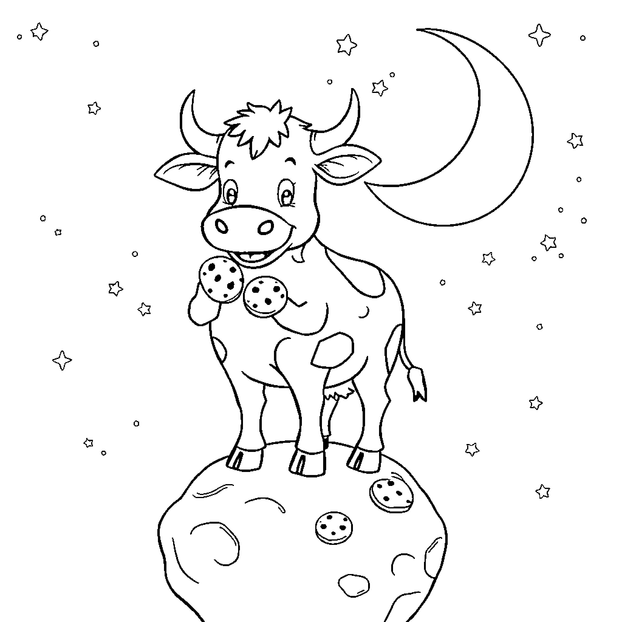 Cow standing on moon under the stars Coloring Page (free black-and-white line drawing printable PDF for all, from beginners to advanced learners, including children, teens, adults, and seniors)