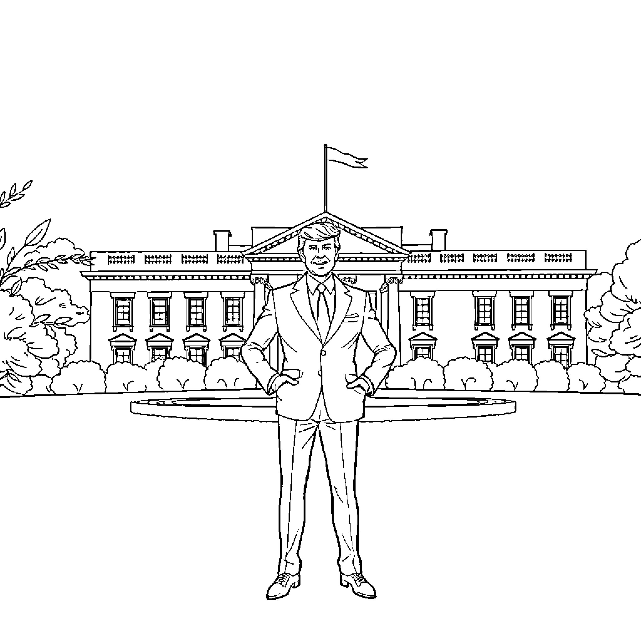 Homelander stands proudly in front of the White House Coloring Page (free black-and-white line drawing printable PDF for all, from beginners to advanced learners, including children, teens, adults, and seniors)