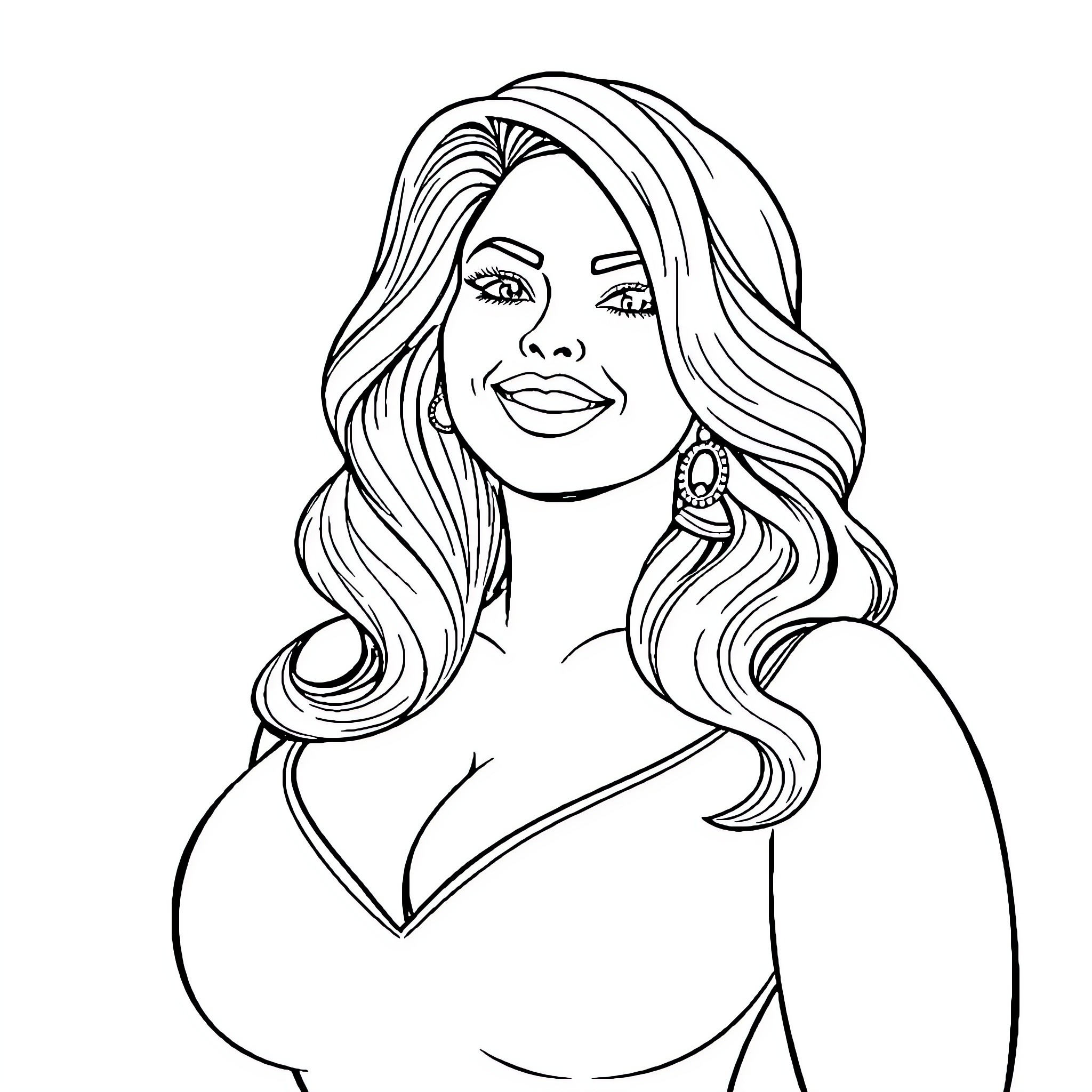 Woman with long, wavy hair and smiling expression Coloring Page (free black-and-white line drawing printable PDF for all, from beginners to advanced learners, including children, teens, adults, and seniors)