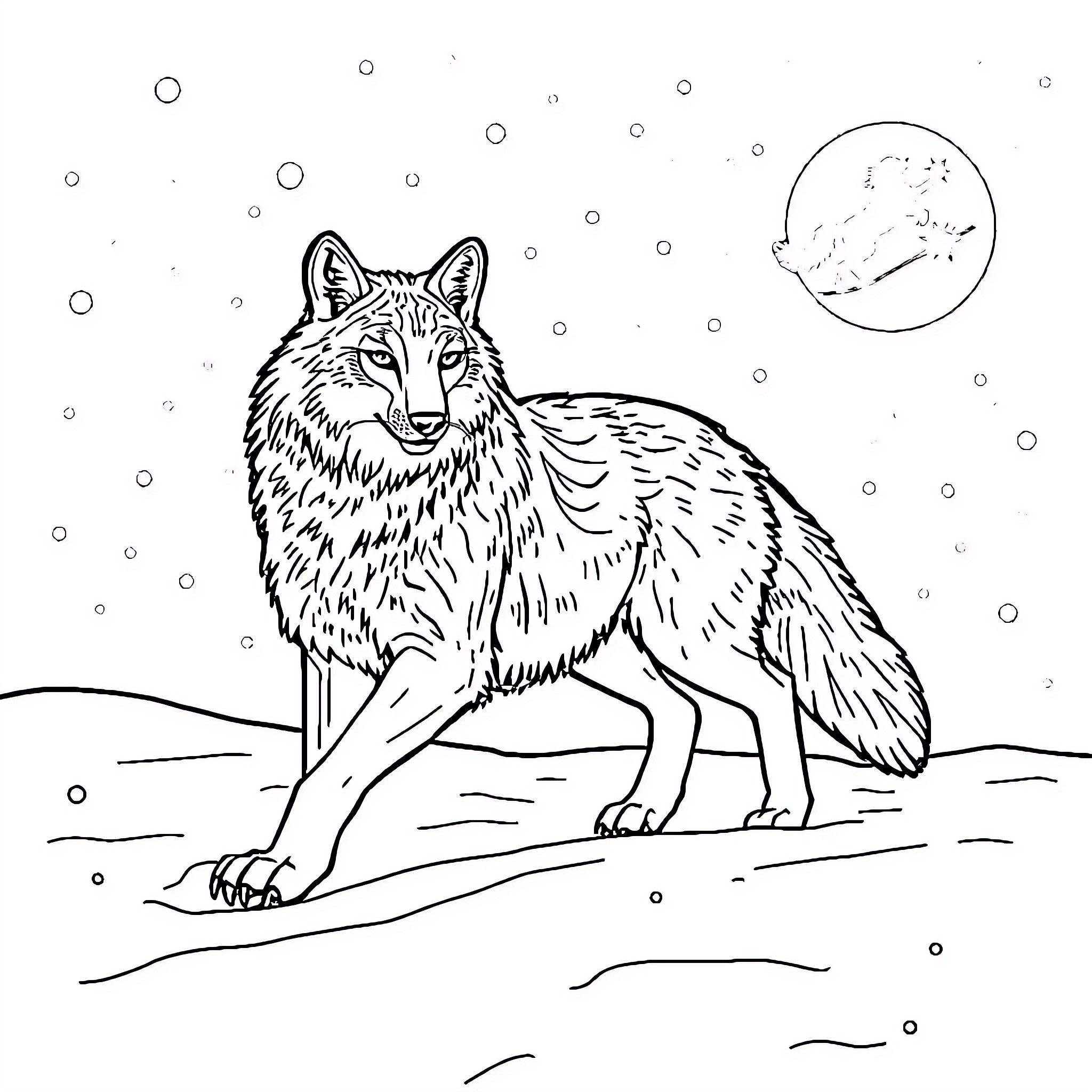 Wolf in Snowy Landscape Coloring Page (free black-and-white line drawing printable PDF for all, from beginners to advanced learners, including children, teens, adults, and seniors)