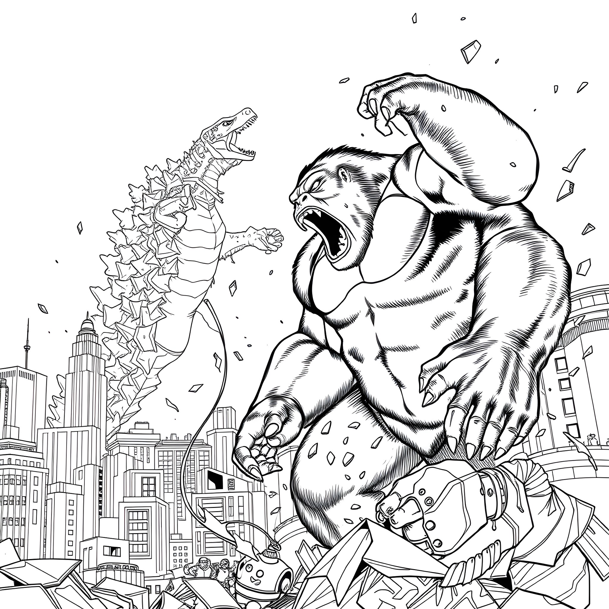Godzilla rampaging through the city Coloring Page (free black-and-white line drawing printable PDF for all, from beginners to advanced learners, including children, teens, adults, and seniors)