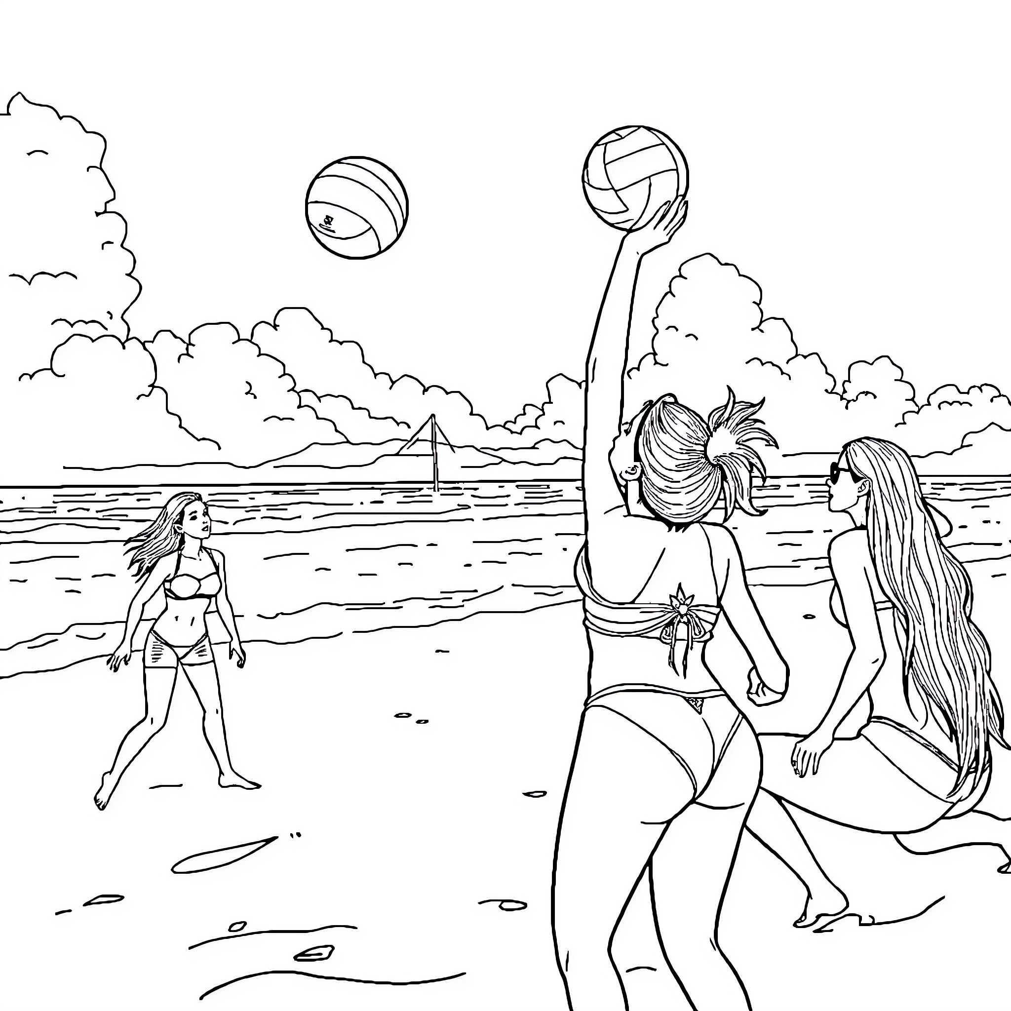 Olivia Rodrigo and friends playing beach volleyball Coloring Page (free black-and-white line drawing printable PDF for all, from beginners to advanced learners, including children, teens, adults, and seniors)