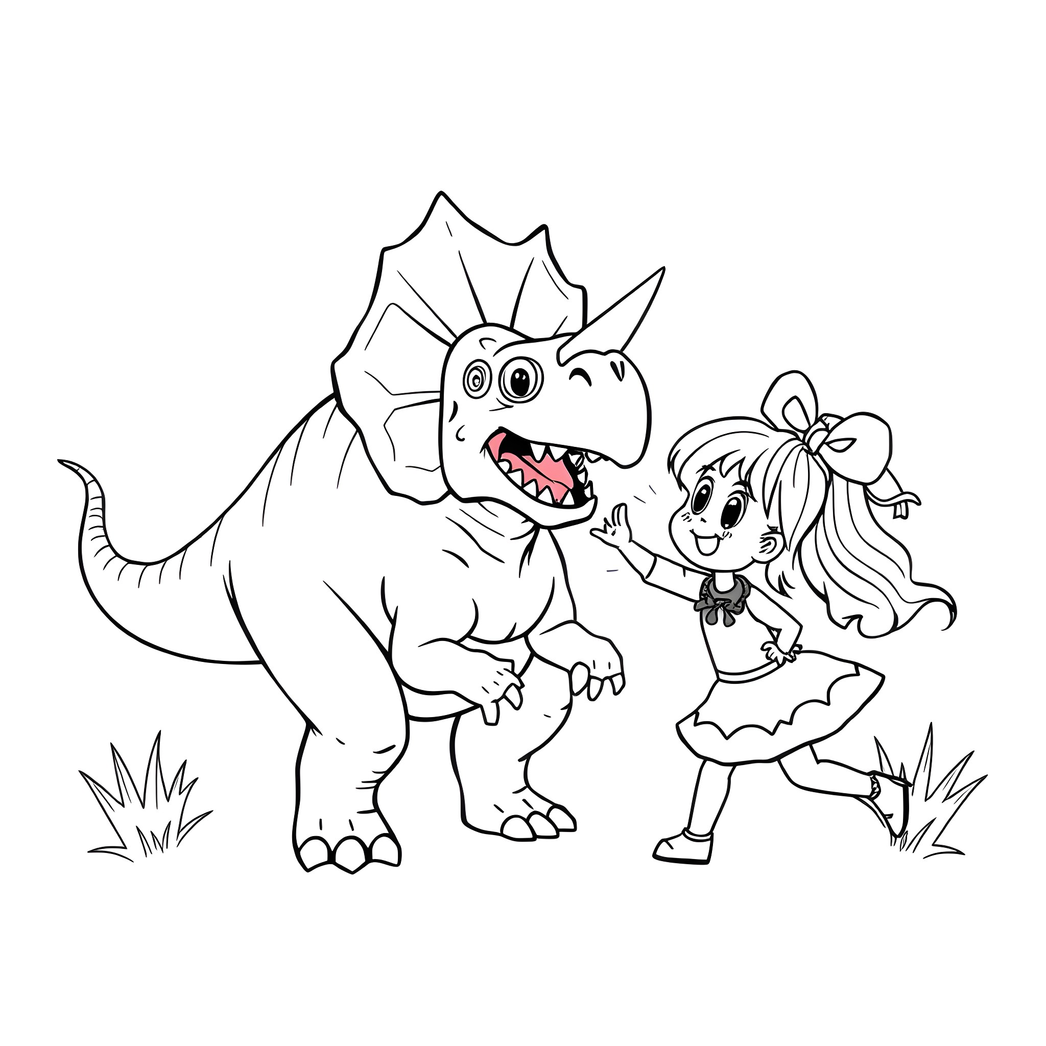 Triceratops meeting a young explorer Coloring Page (free black-and-white line drawing printable PDF for all, from beginners to advanced learners, including children, teens, adults, and seniors)